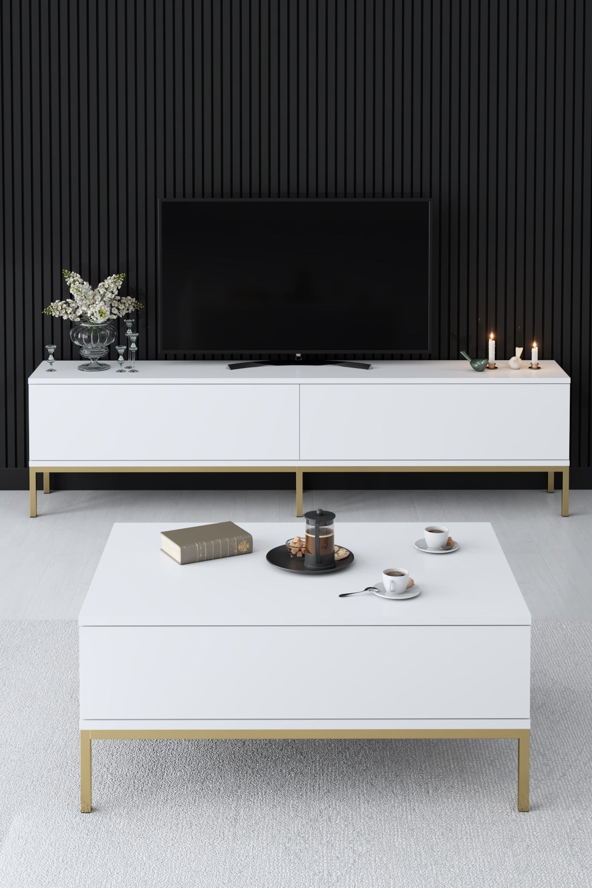 Ensemble de meubles White Lord - Table basse + Meuble TV + Buffet - Cadre doré