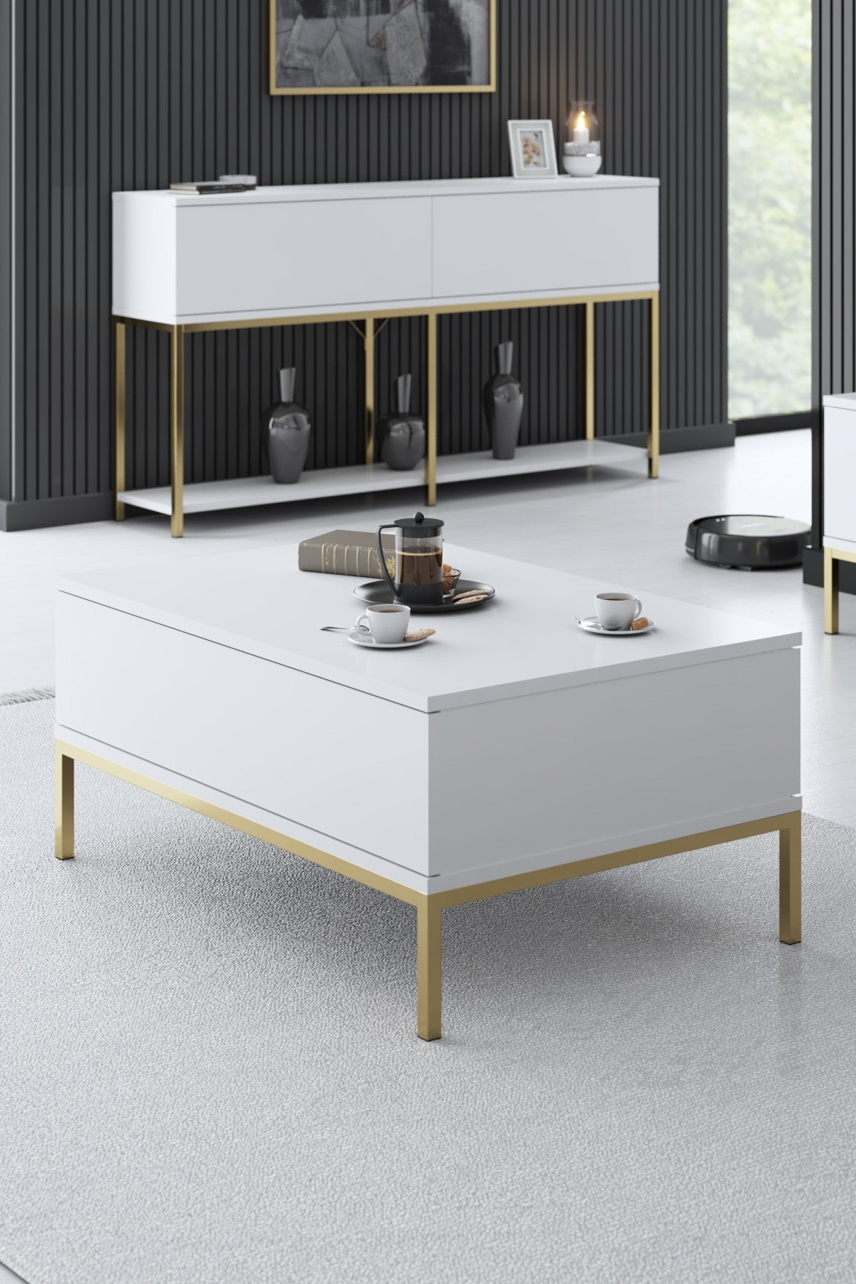 Ensemble de meubles White Lord - Table basse + Meuble TV + Buffet - Cadre doré