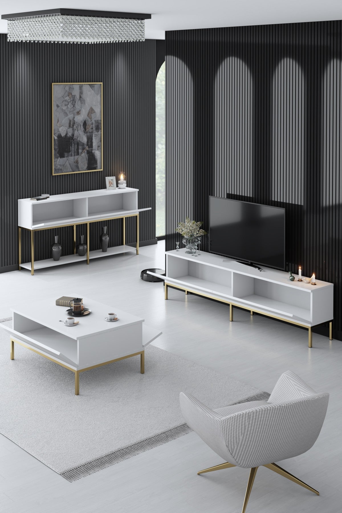 Ensemble de meubles White Lord - Table basse + Meuble TV + Buffet - Cadre doré