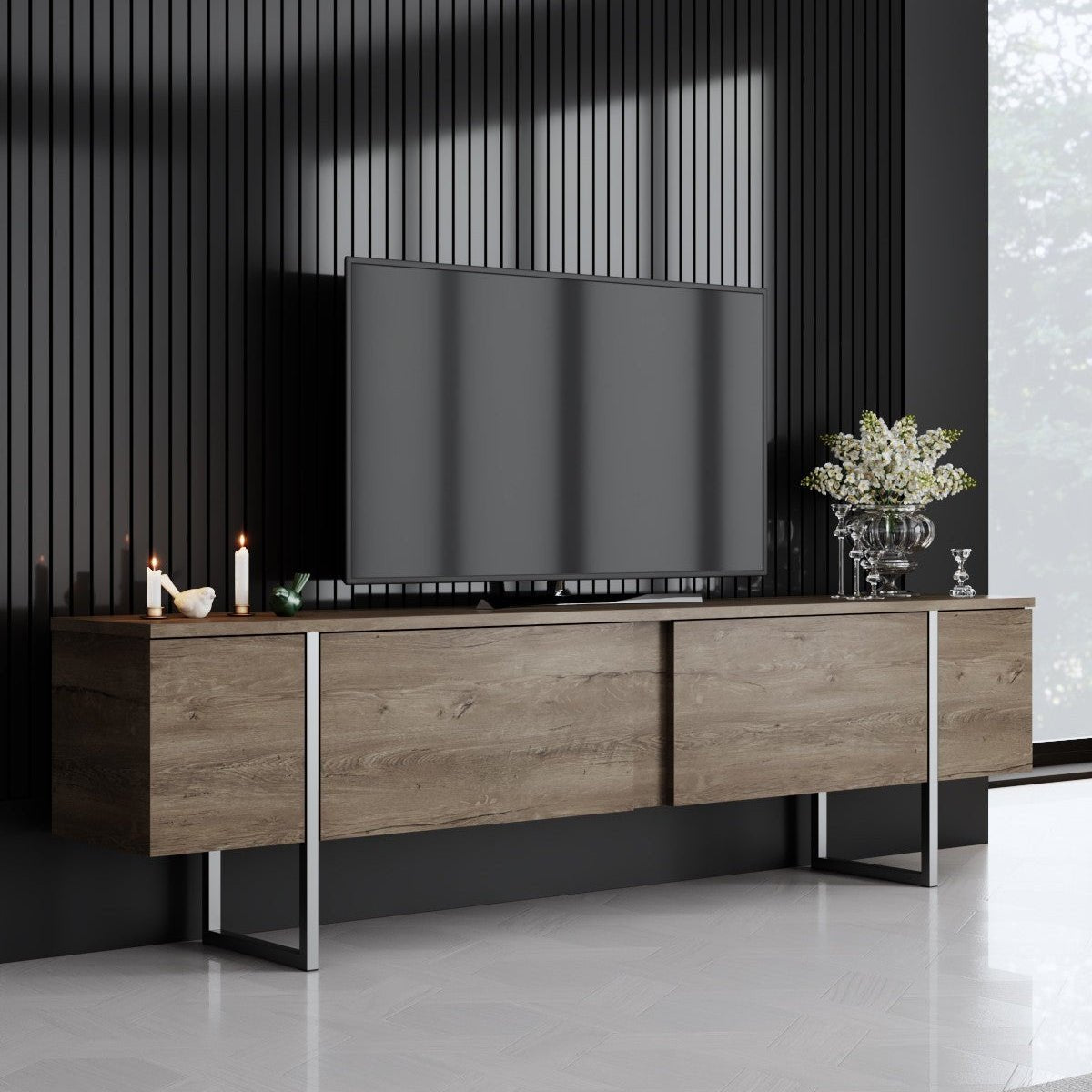 Meuble TV Luxe Noyer 180x50x30 - Cadre Argenté