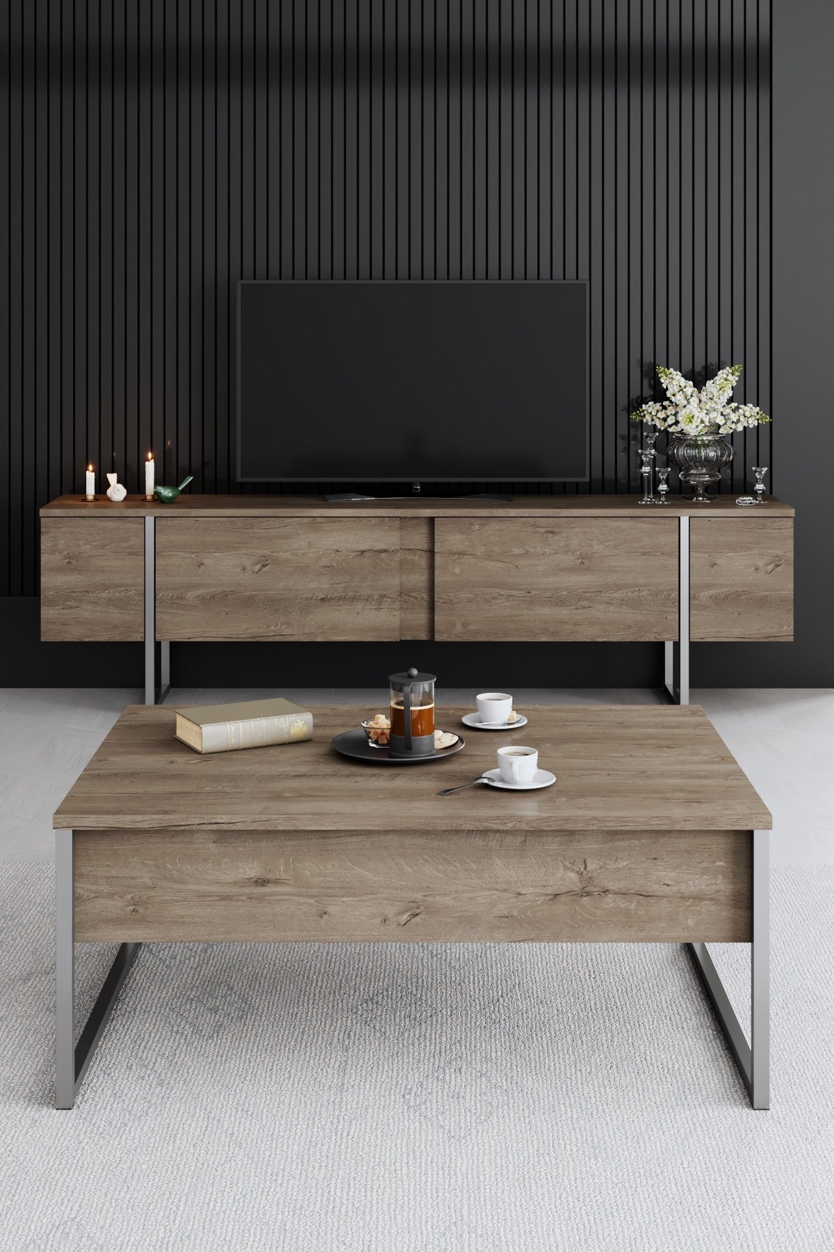 Meuble TV Luxe Noyer 180x50x30 - Cadre Argenté