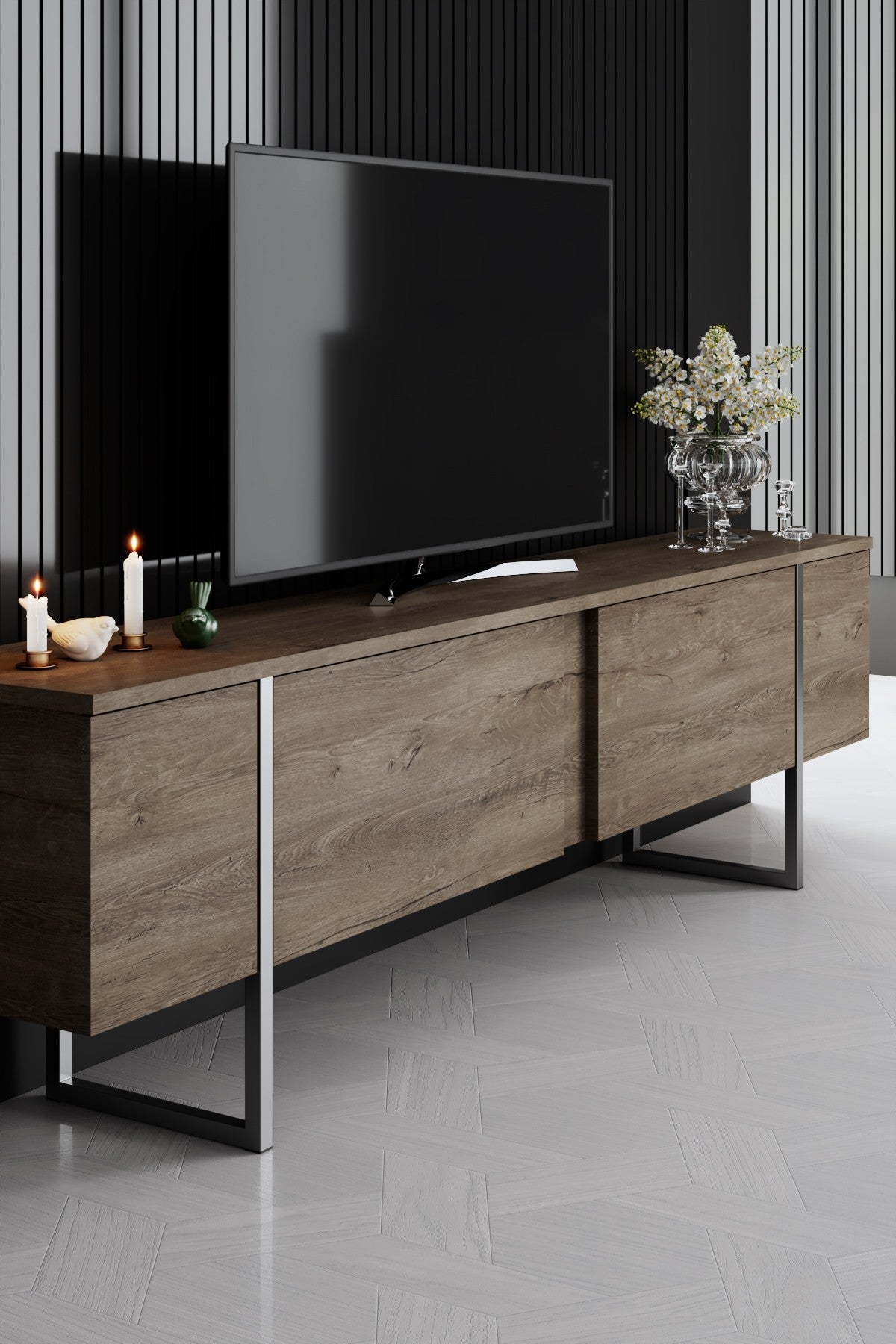 Meuble TV Luxe Noyer 180x50x30 - Cadre Argenté