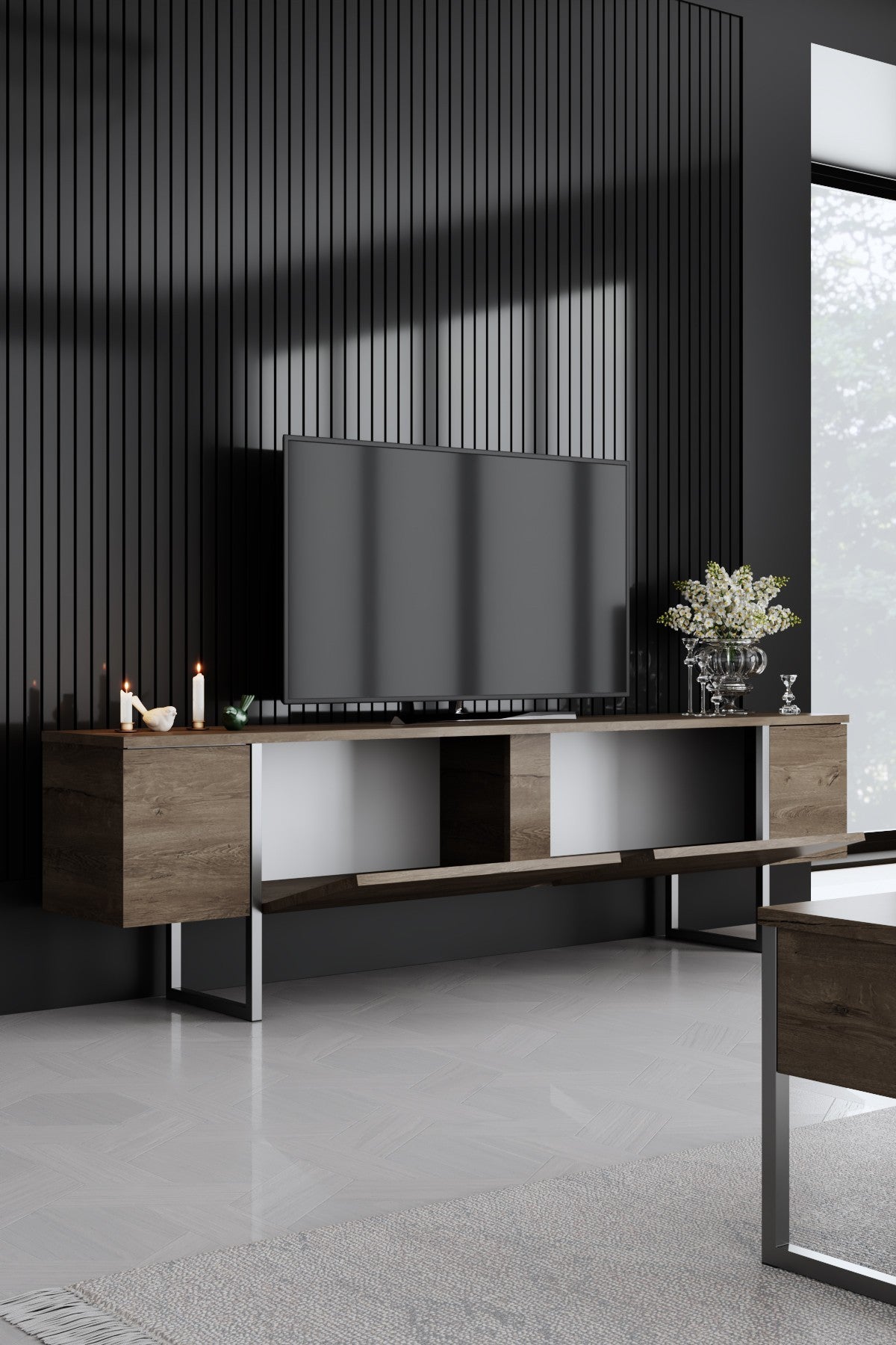 Meuble TV Luxe Noyer 180x50x30 - Cadre Argenté