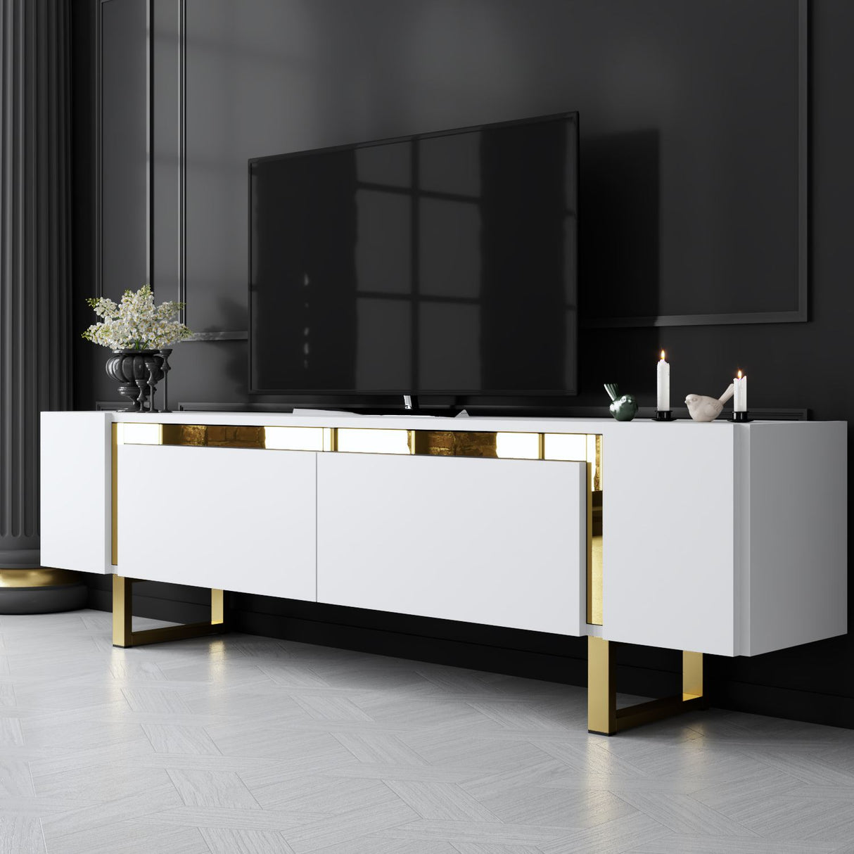 Meuble TV blanc Yildiz 180x50x30 - Cadre doré