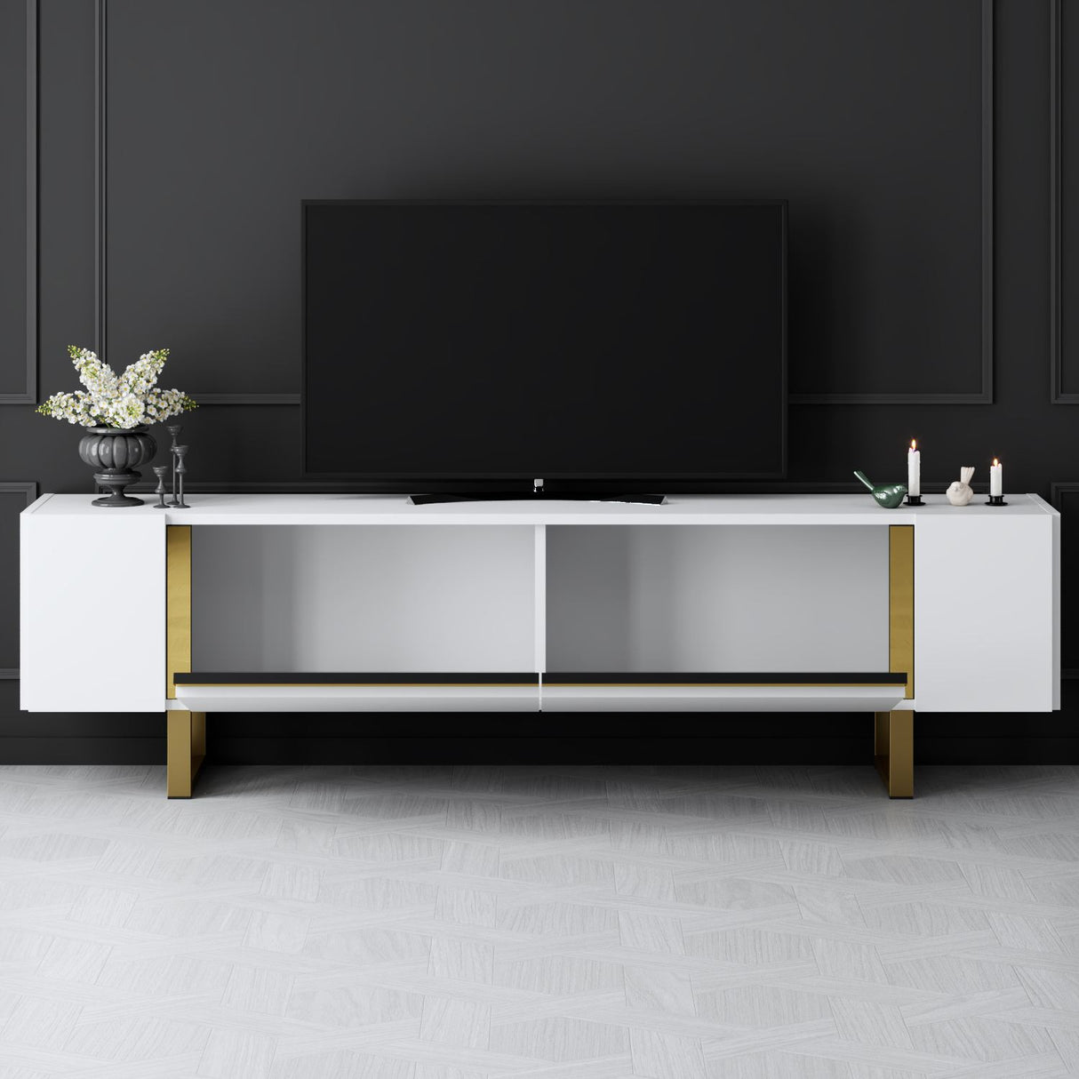 Meuble TV blanc Yildiz 180x50x30 - Cadre doré