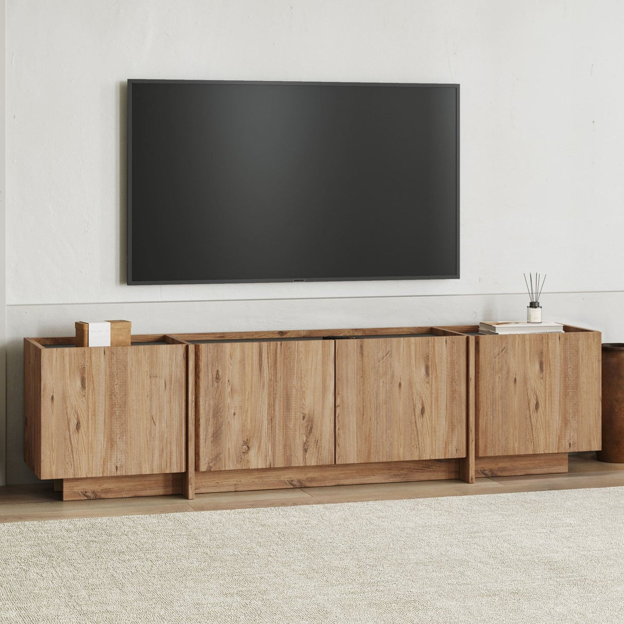 Meuble TV Lowen aspect chêne 180 cm Pin Atlantique et bois mélaminé anthracite