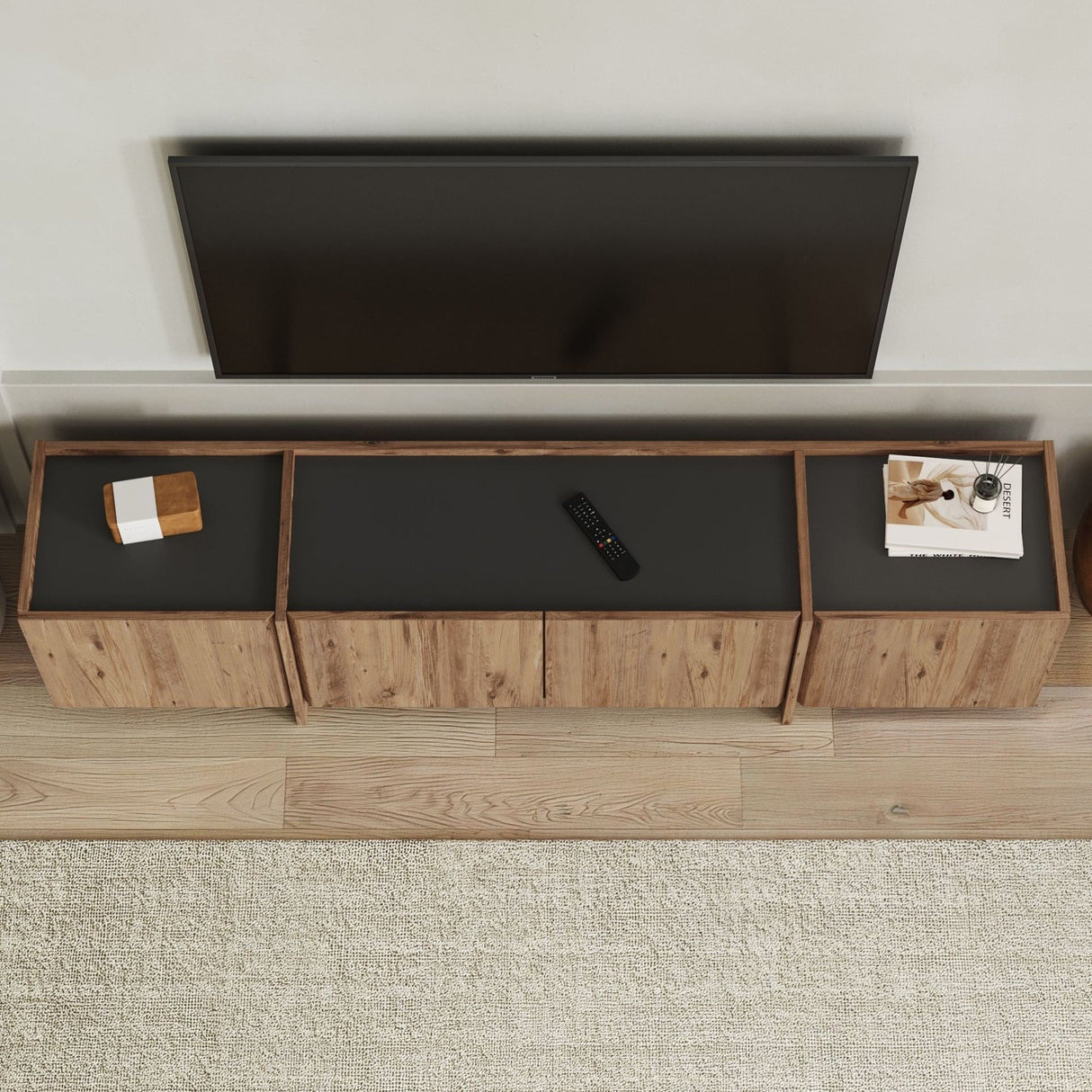 Meuble TV Lowen aspect chêne 180 cm Pin Atlantique et bois mélaminé anthracite