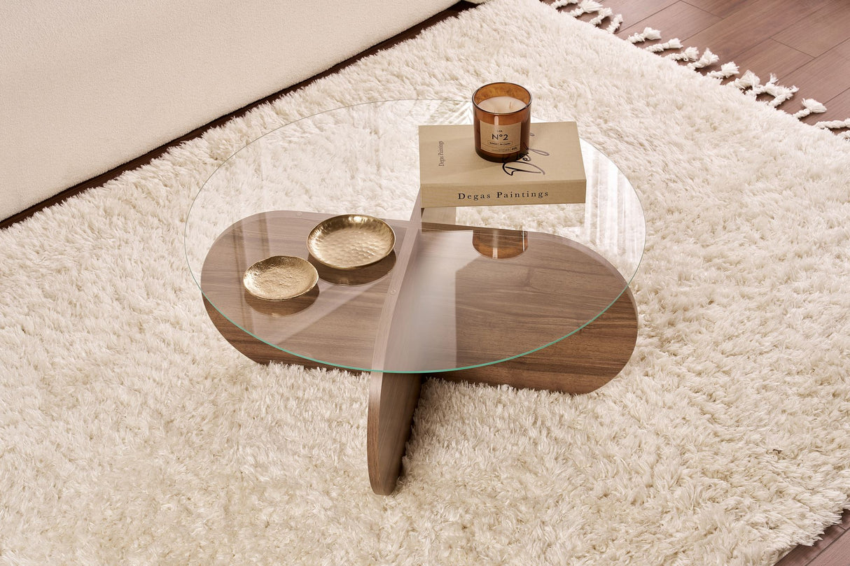 Table basse ronde en verre Aris - Piètement en mélamine noyer 