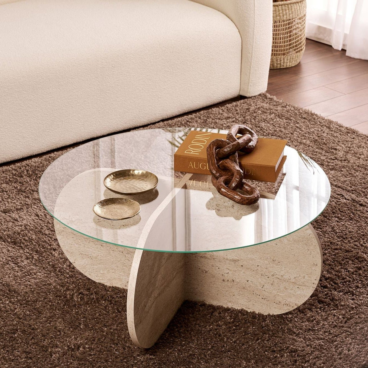 Table basse Aris ronde 75 cm en verre - Piètement en travertin 