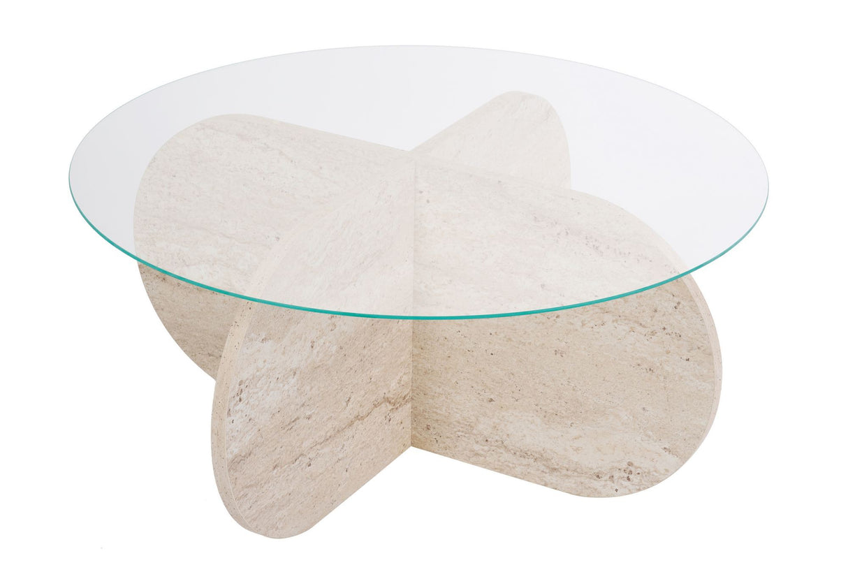 Table basse Aris ronde 75 cm en verre - Piètement en travertin 
