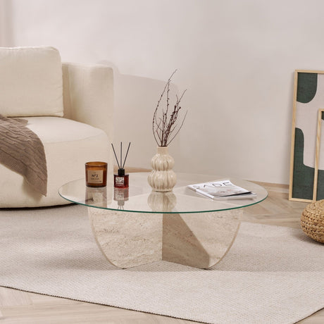 Liya salontafel travertin look ovaal 90 cm Gehard glas