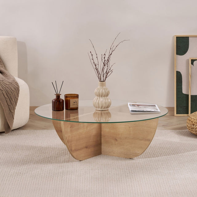 Table basse Liya Chêne Saphir ovale 90 cm Verre trempé
