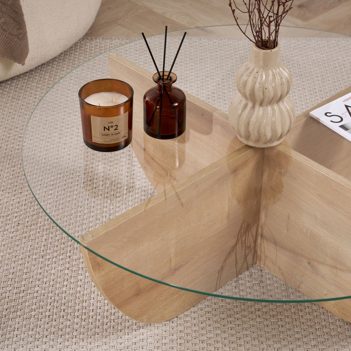 Table basse Liya Chêne Saphir ovale 90 cm Verre trempé