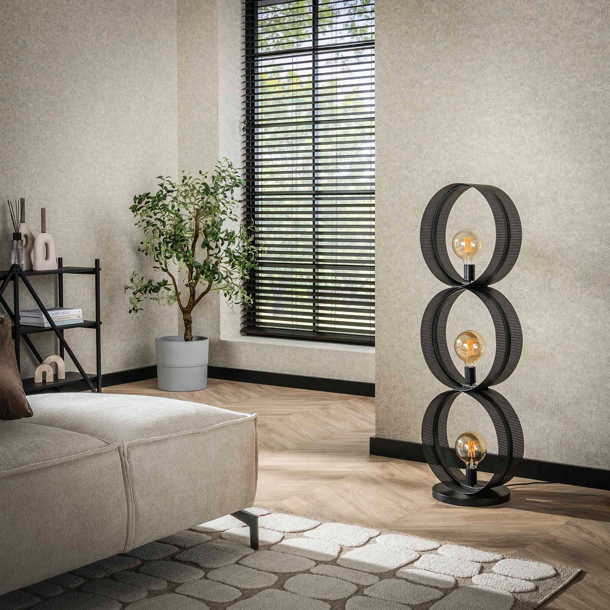 Lampadaire Fons 3 lumières anneaux métal noir 