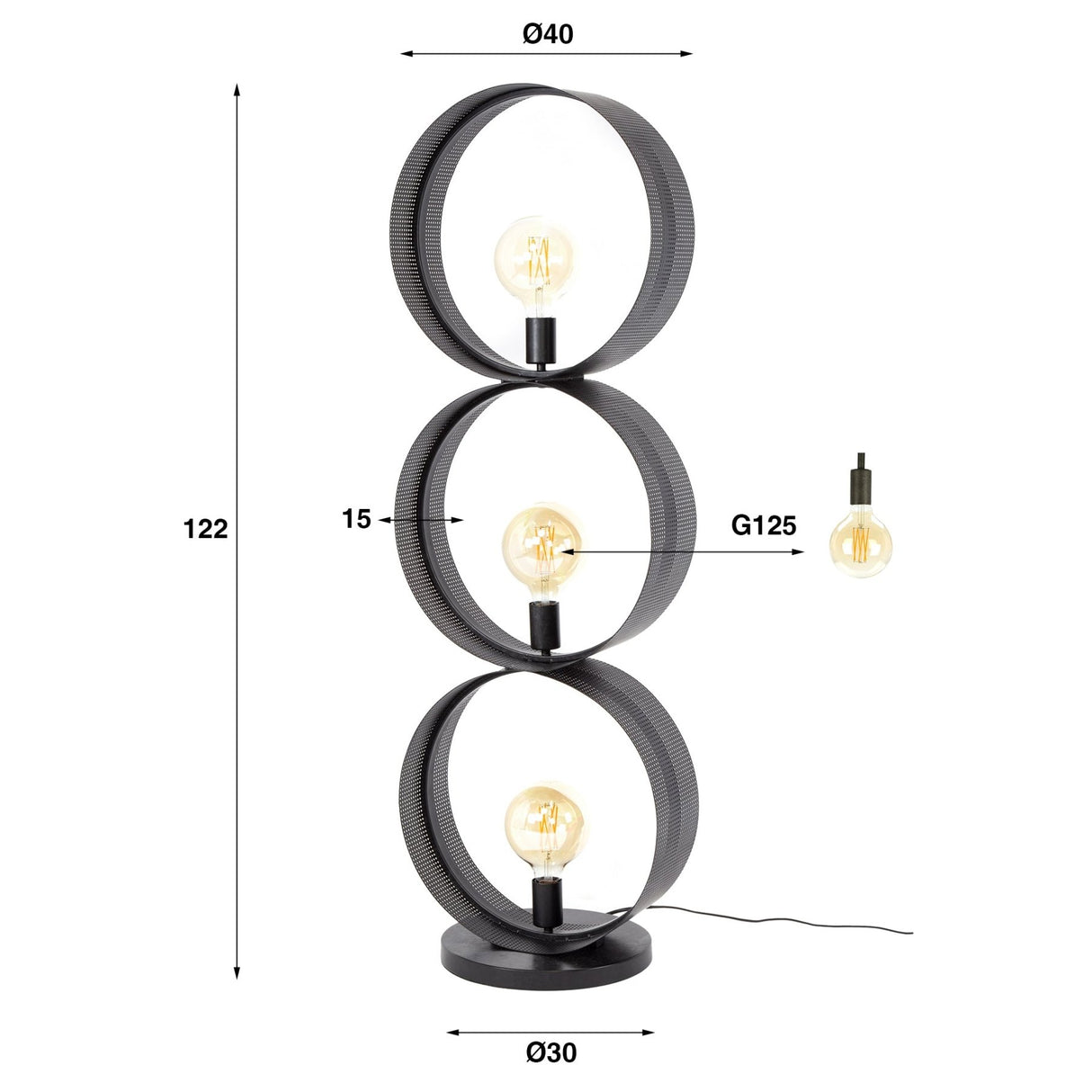 Lampadaire Fons 3 lumières anneaux métal noir 