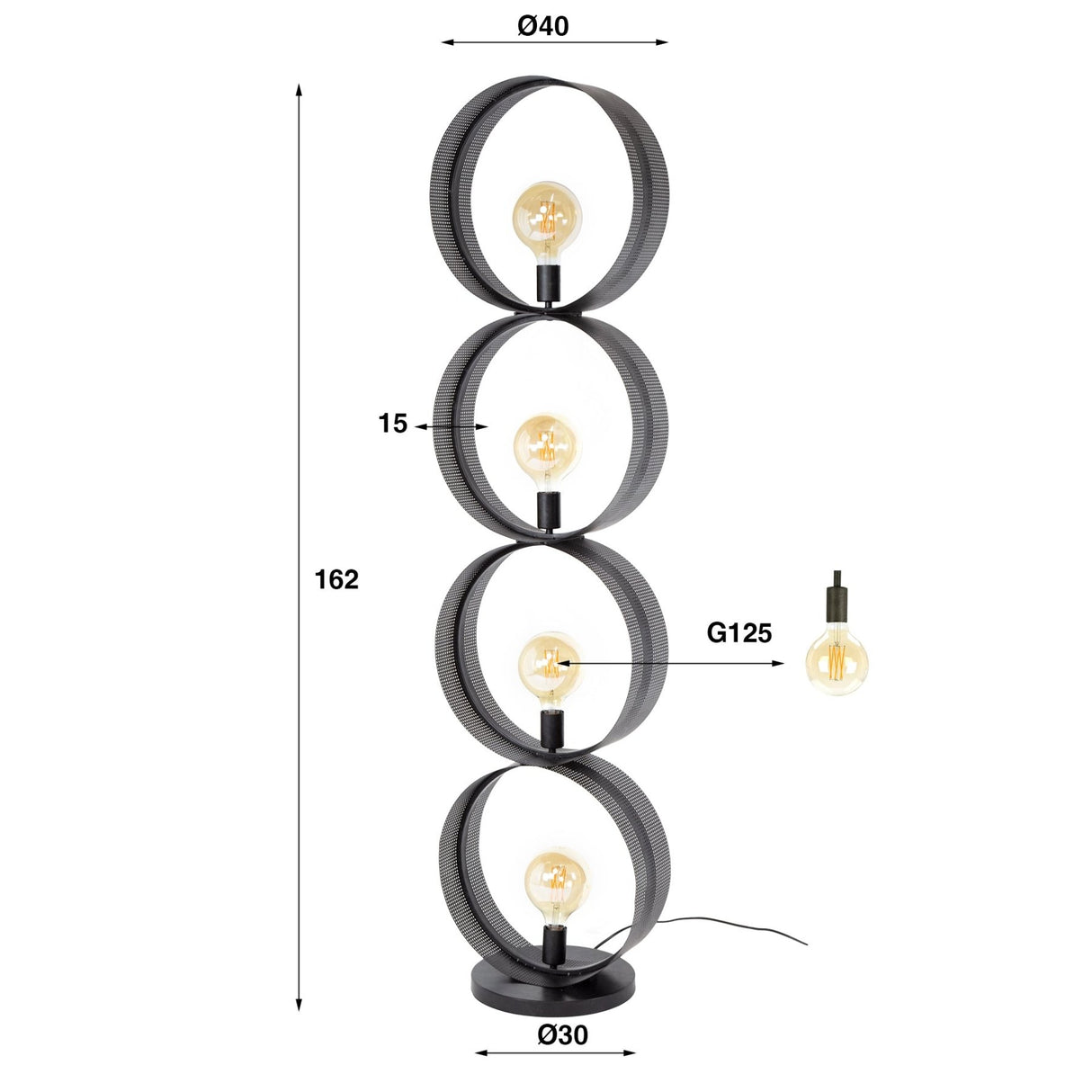 Lampadaire Fons 4 lumières anneaux métal noir 