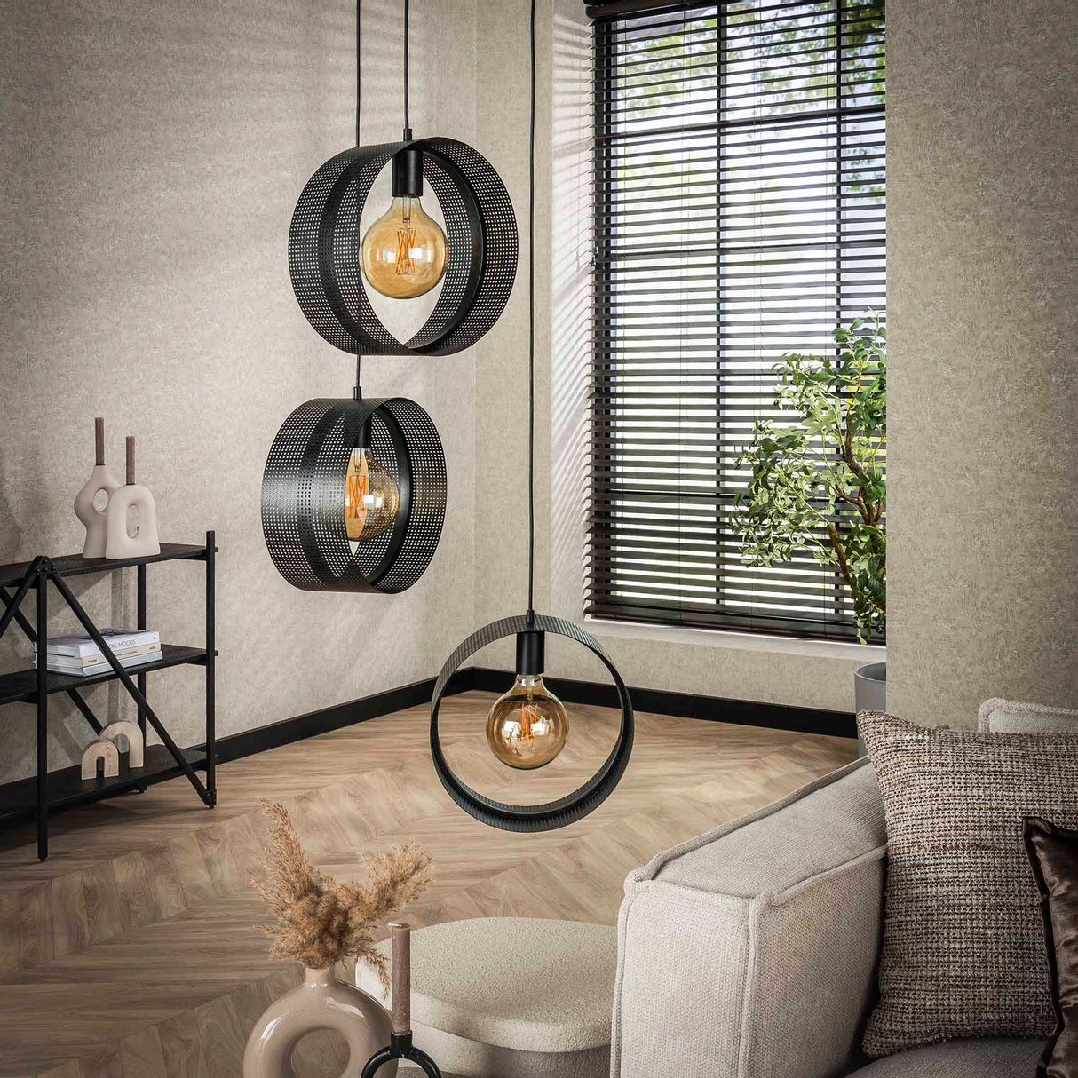 Hanglamp Fons 3-lichts getrapt ringen metaal zwart