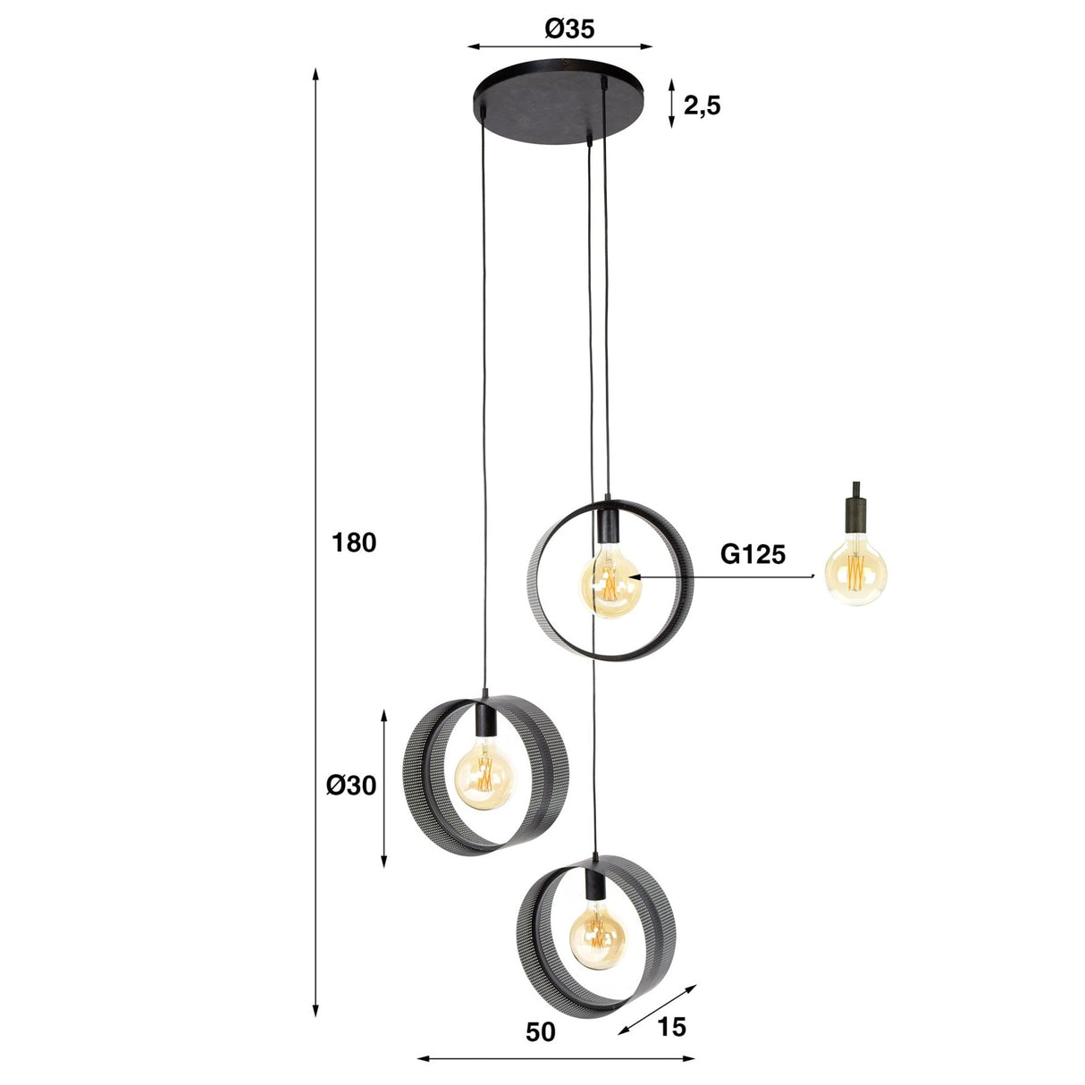Hanglamp Fons 3-lichts getrapt ringen metaal zwart
