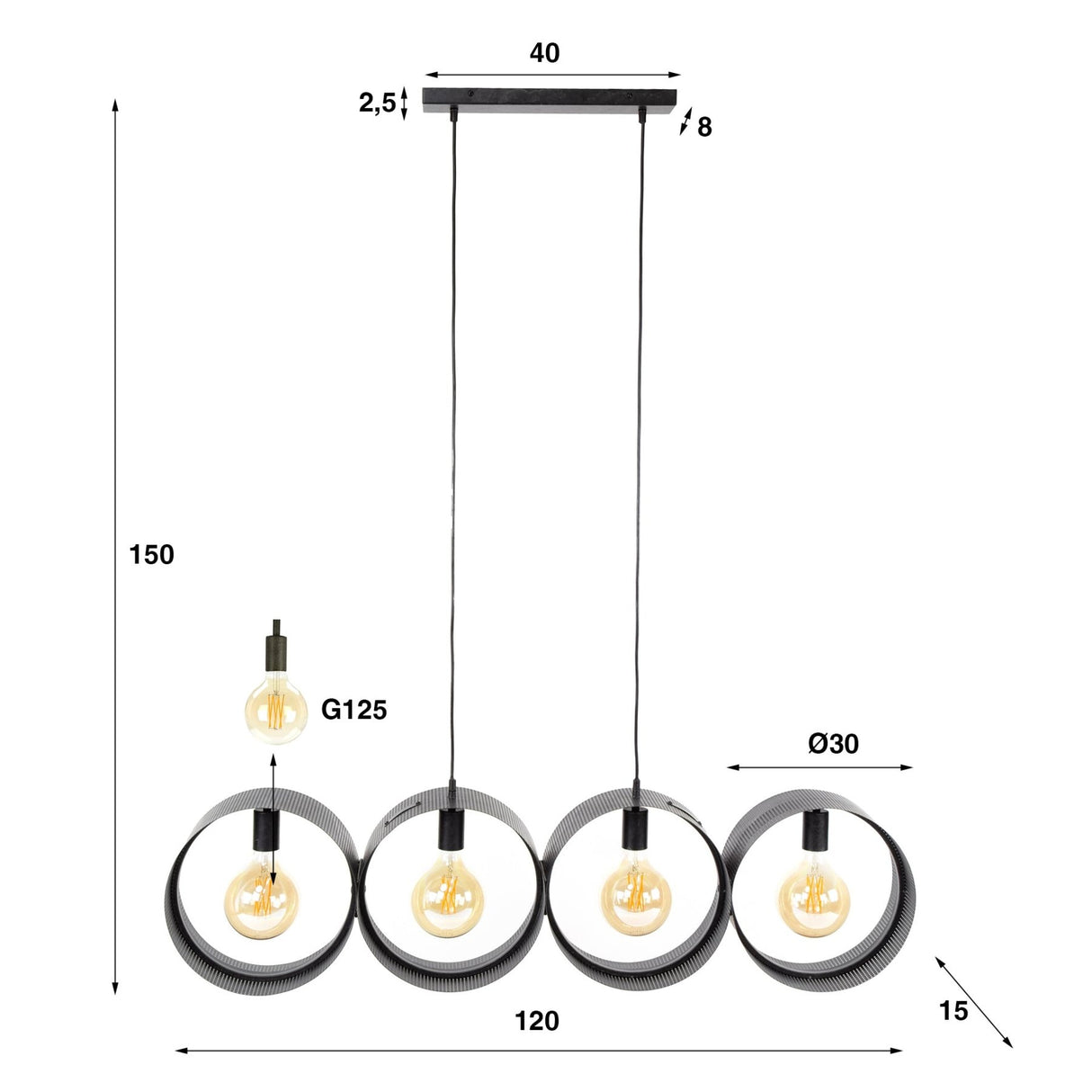 Suspension Fons 4 lumières anneaux métal noir 