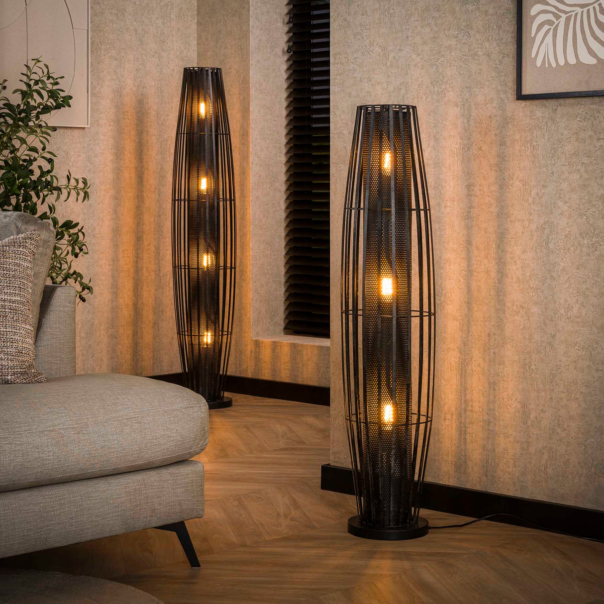 Lampadaire Liora 3 lumières cylindre maille noir 120 cm 