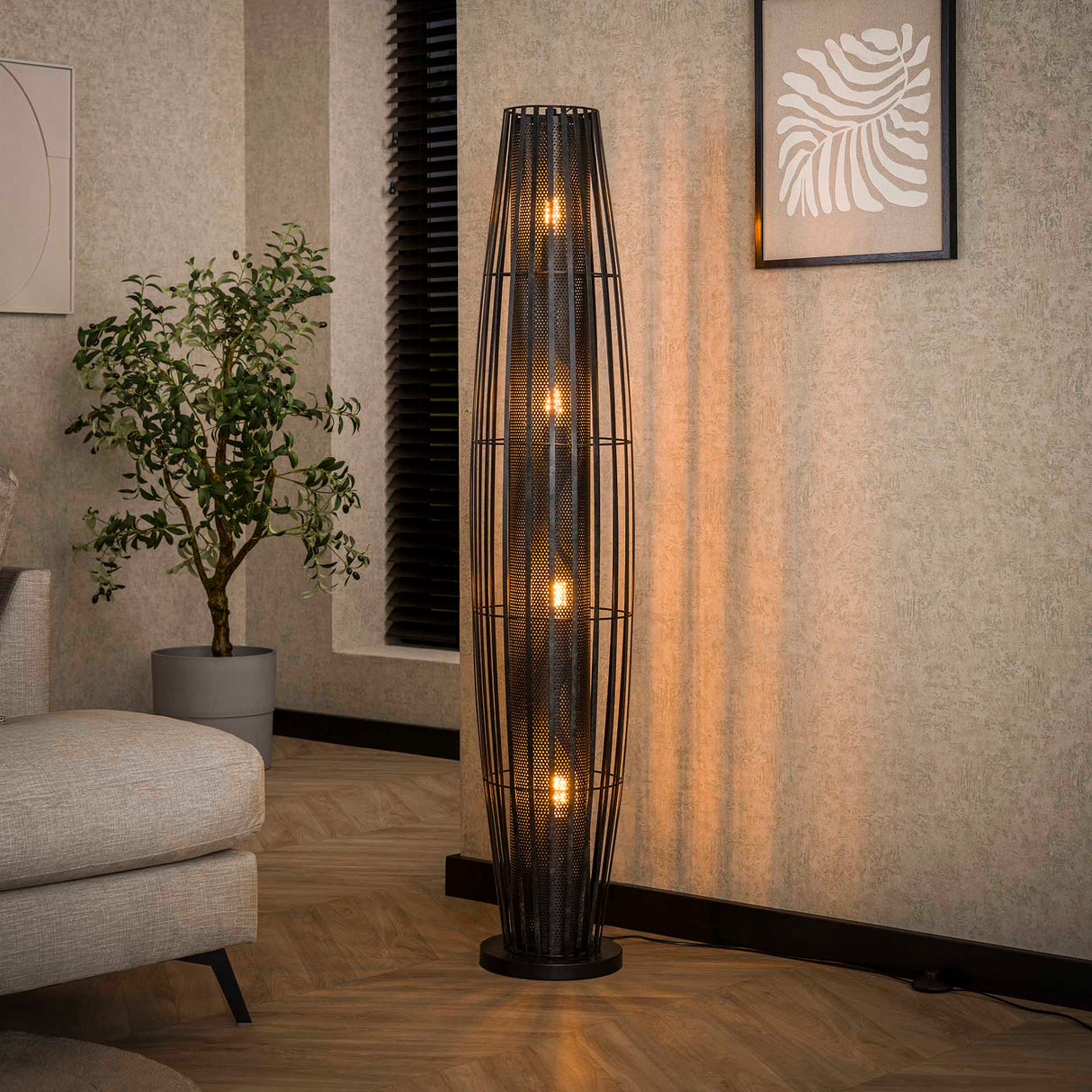 Lampadaire Liora 4 lumières cylindre maille noir 150 cm 