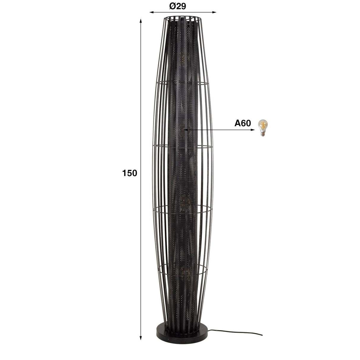 Lampadaire Liora 4 lumières cylindre maille noir 150 cm 