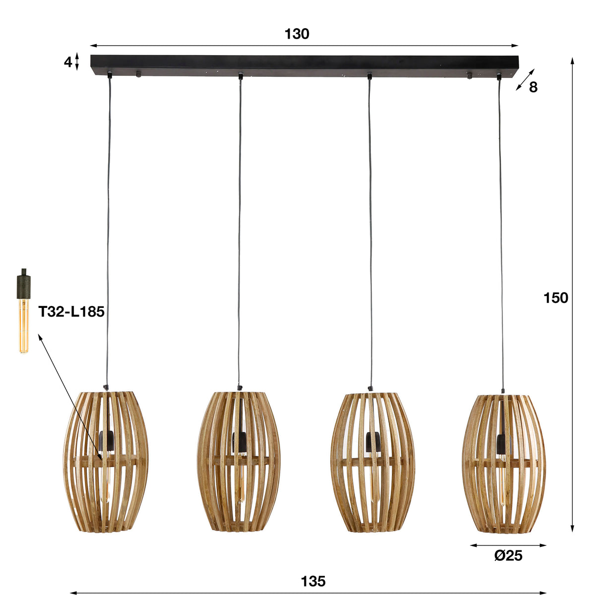 Hanglamp Jalou mangohout 4 lichtbronnen 135 cm