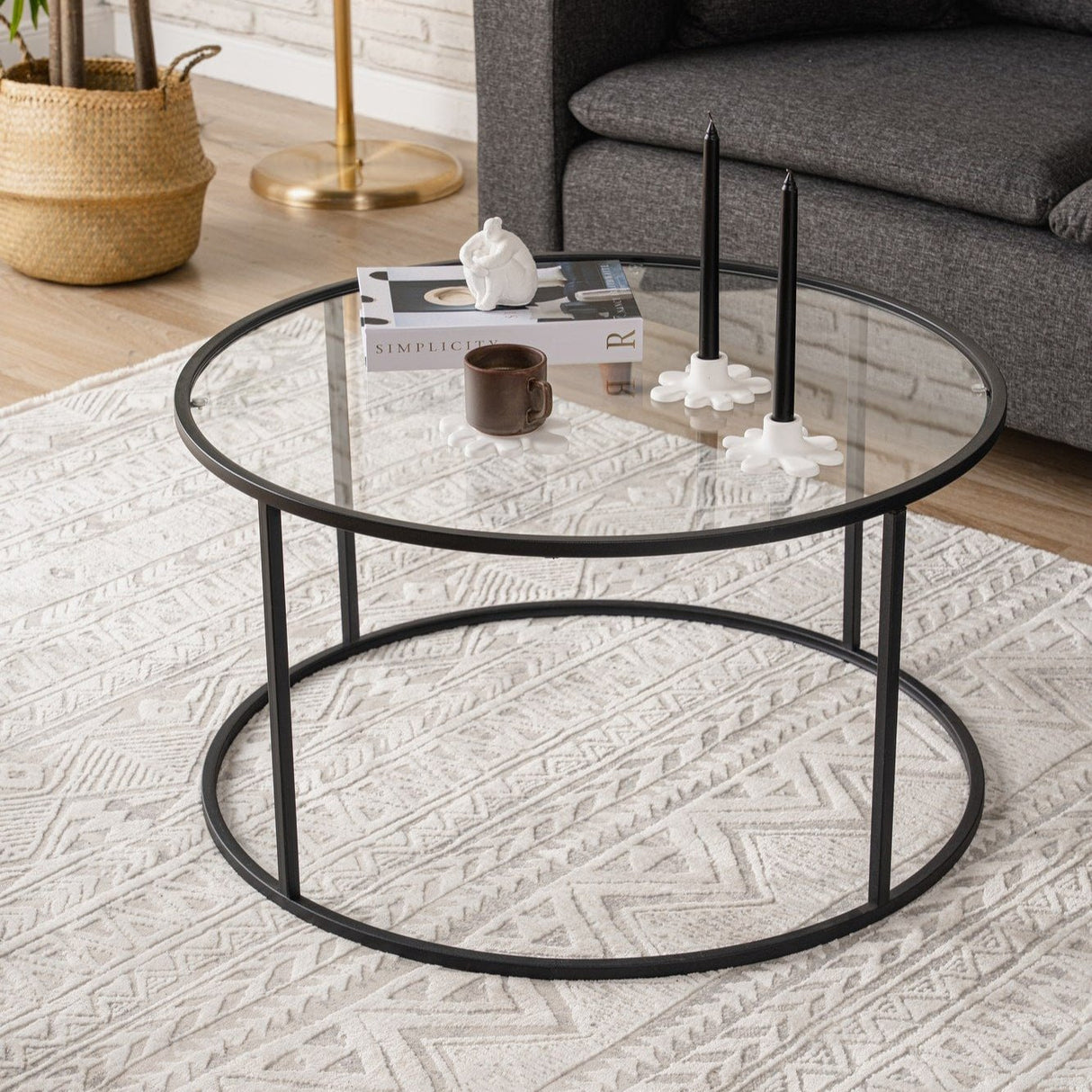 Table basse en verre rond 80 cm Barlin - Cadre noir 