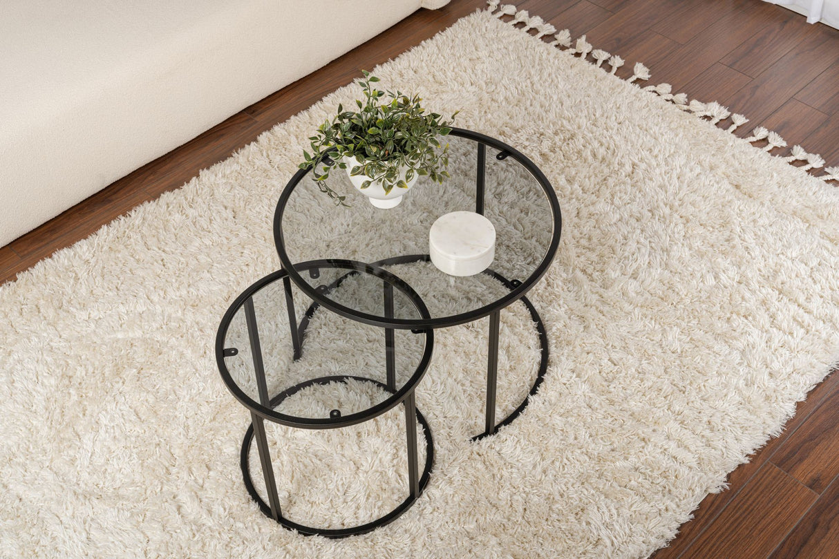 Ensemble de tables basses de 2 en verre rond - cadre noir - 60, 42 cm 