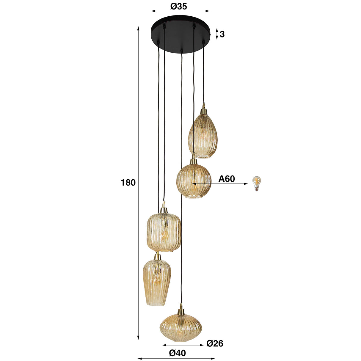 Lampe à suspension en verre Olaf 5 lumières ambre doré