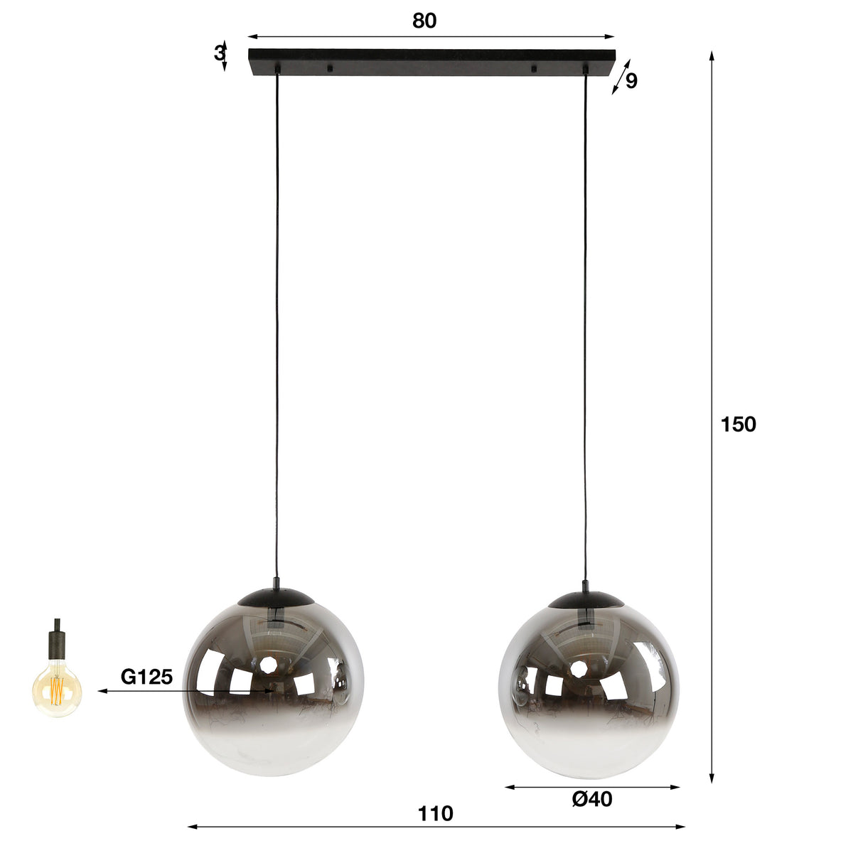 Lampe suspendue Juliette 2 lumières verre fumé