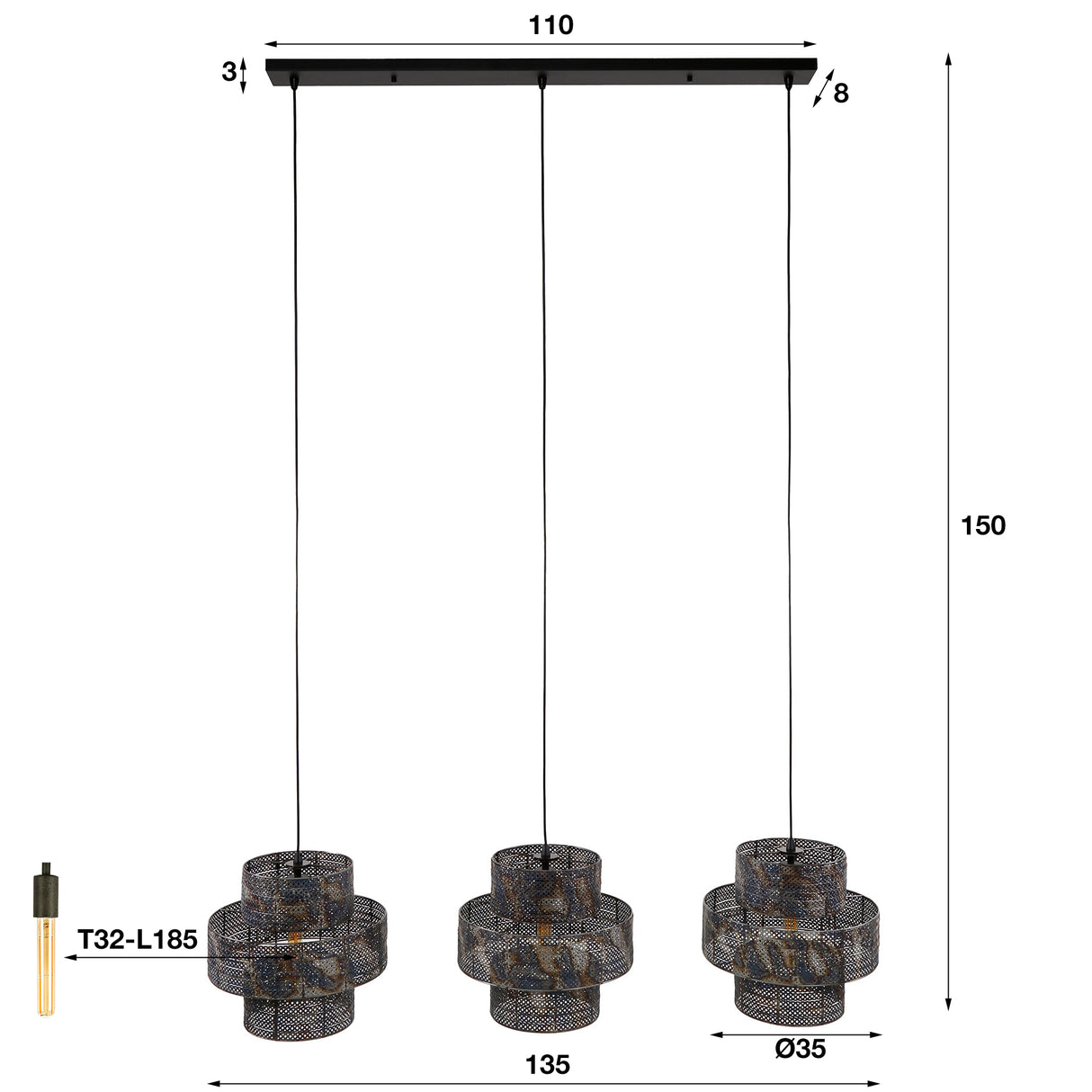 Hanglamp Luc 3-lichts metaal zwart bruin