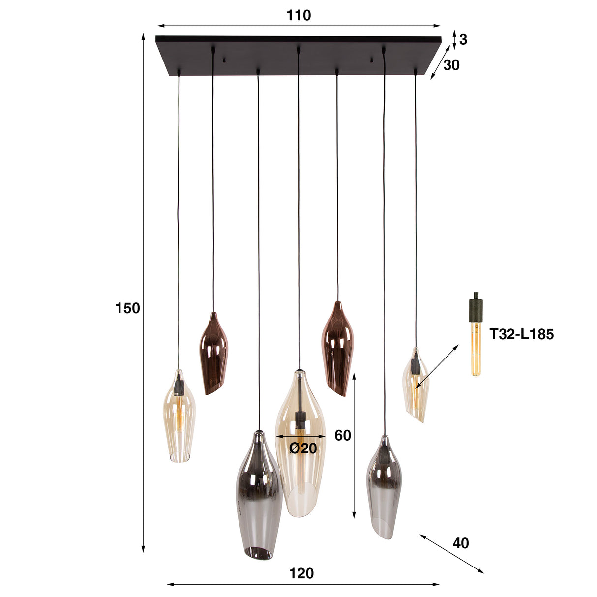 Hanglamp Coco 7-lichts gekleurd glas