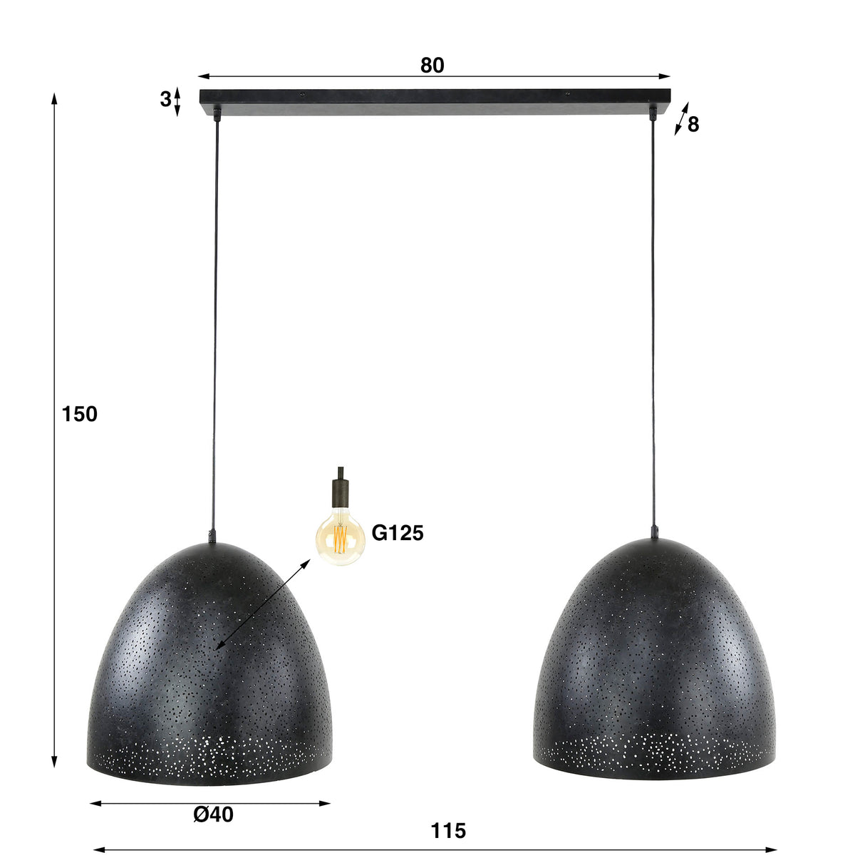 Hanglamp Kylian 2-lichts metaal zwart