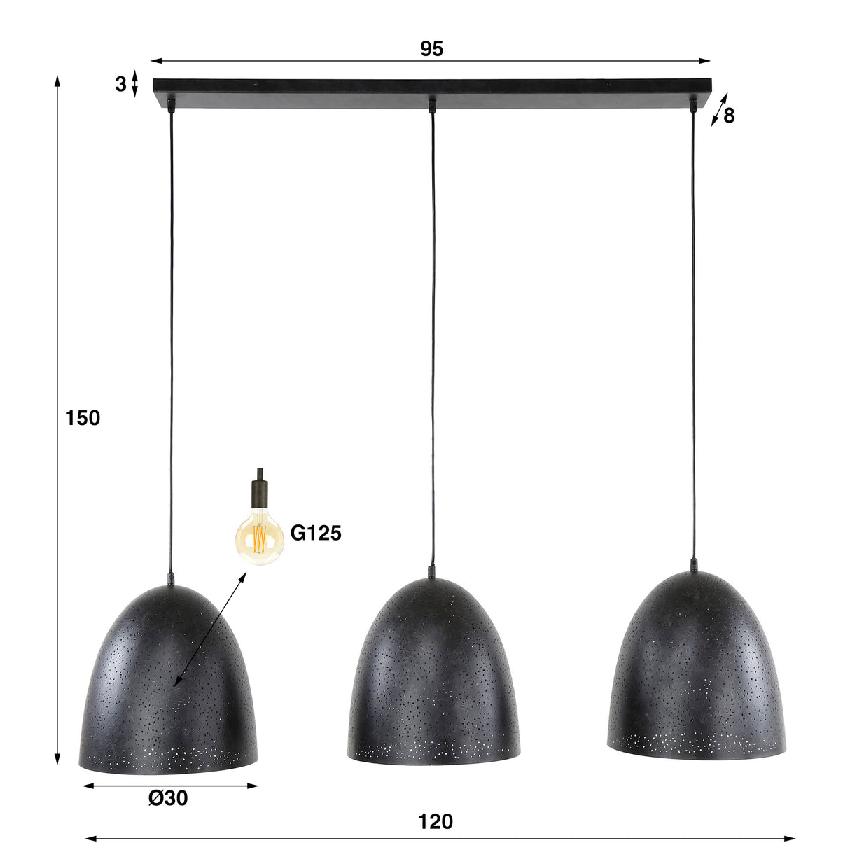 Hanglamp Kylian 3-lichts metaal zwart