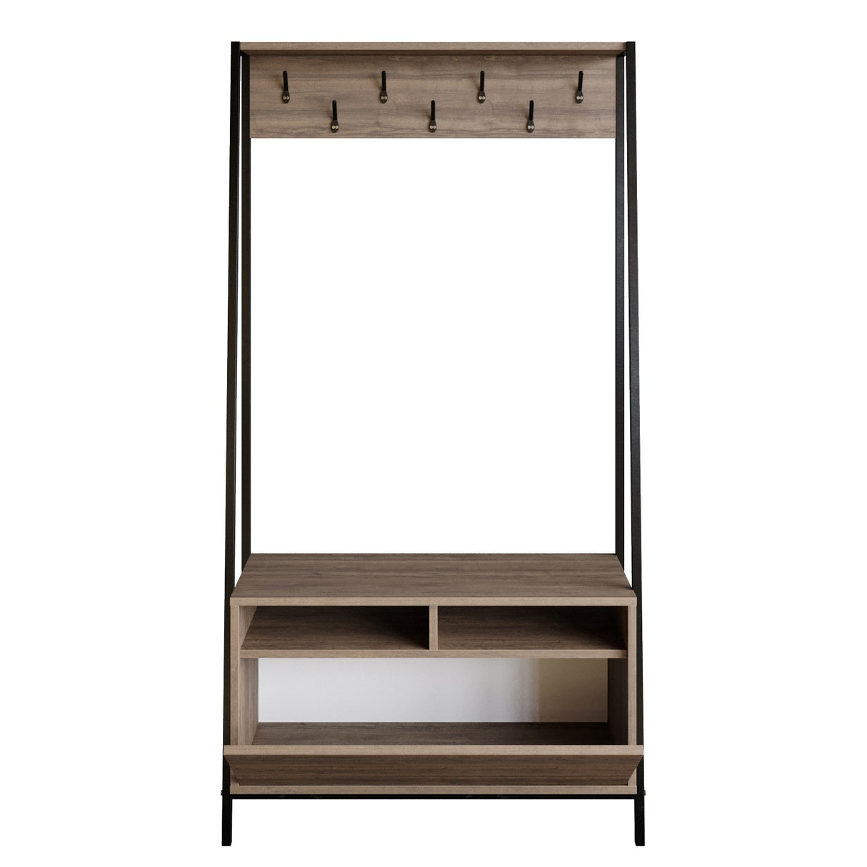 Meuble de rangement Porte-manteau Noyer Mélamine Devon - Avec Compartiments et Tiroir 