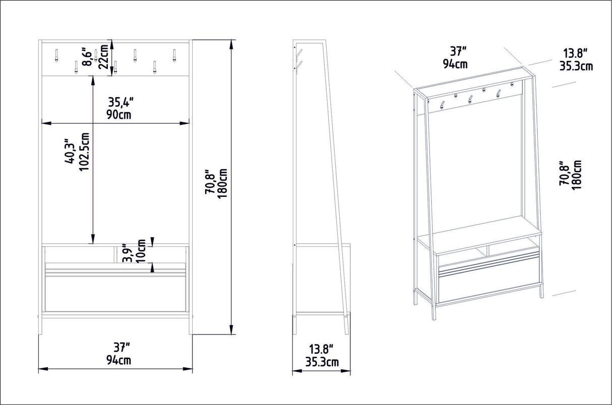 Meuble de rangement Porte-manteau Noyer Mélamine Devon - Avec Compartiments et Tiroir 