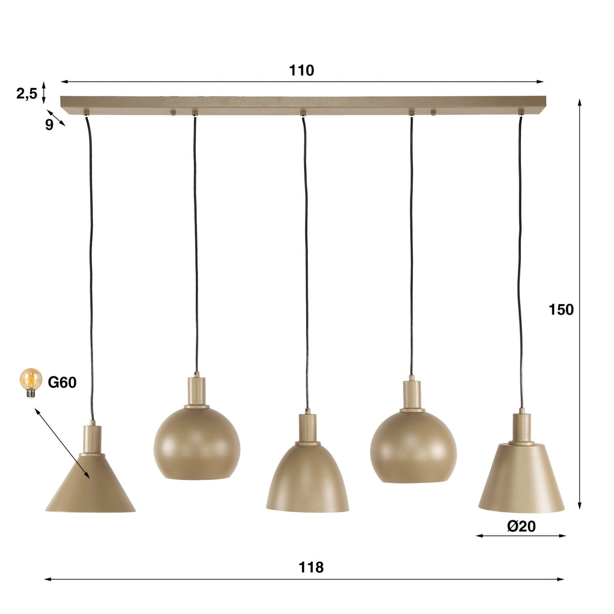 Suspension Nova 5 lumières - Beige - 120 cm 