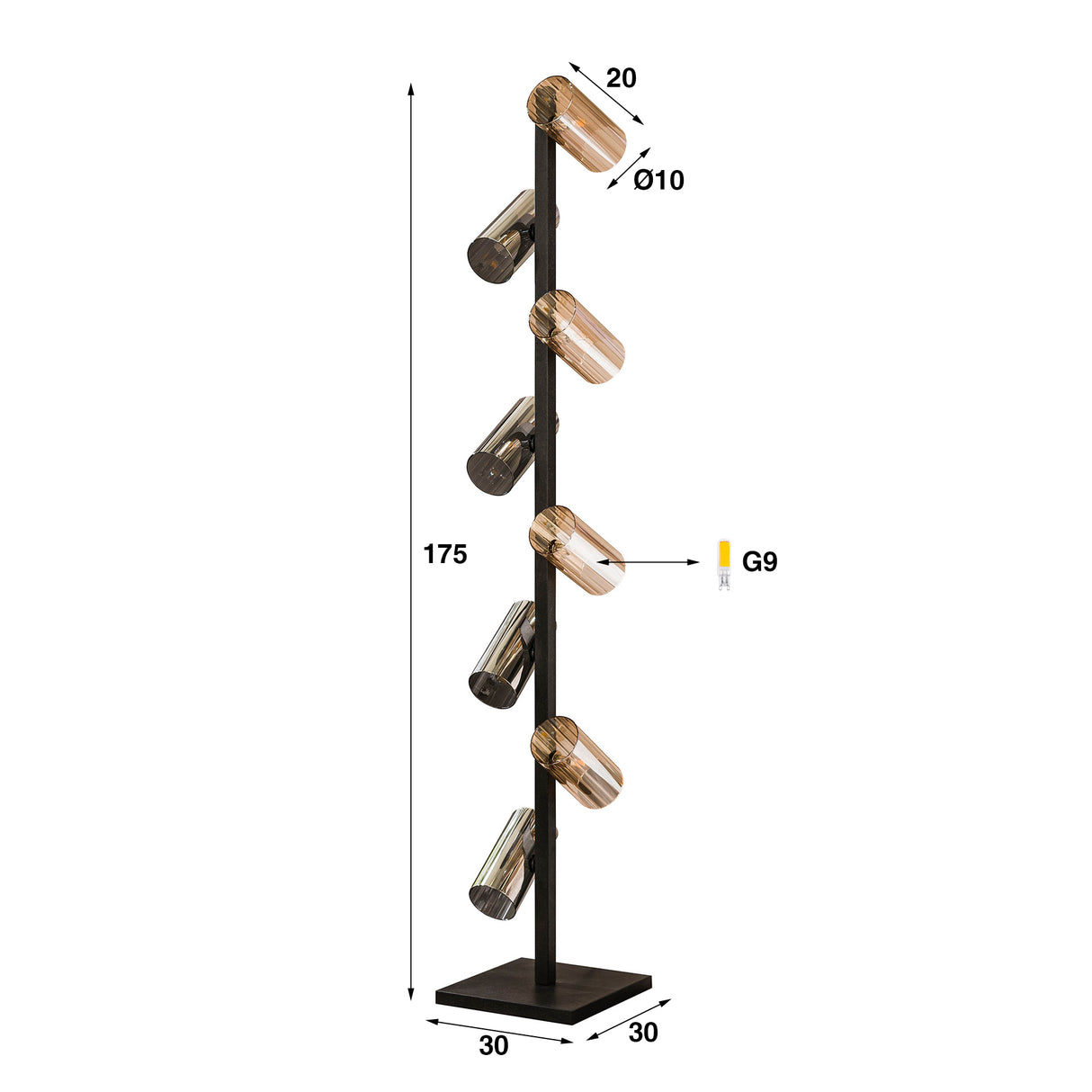 Lampadaire Khai 8 lumières cylindre verre mixte 