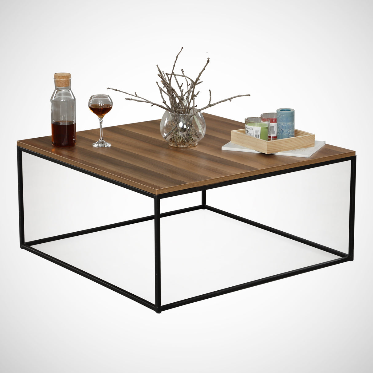 Table basse carrée 75x75 cm Pola - Mélamine noyer 