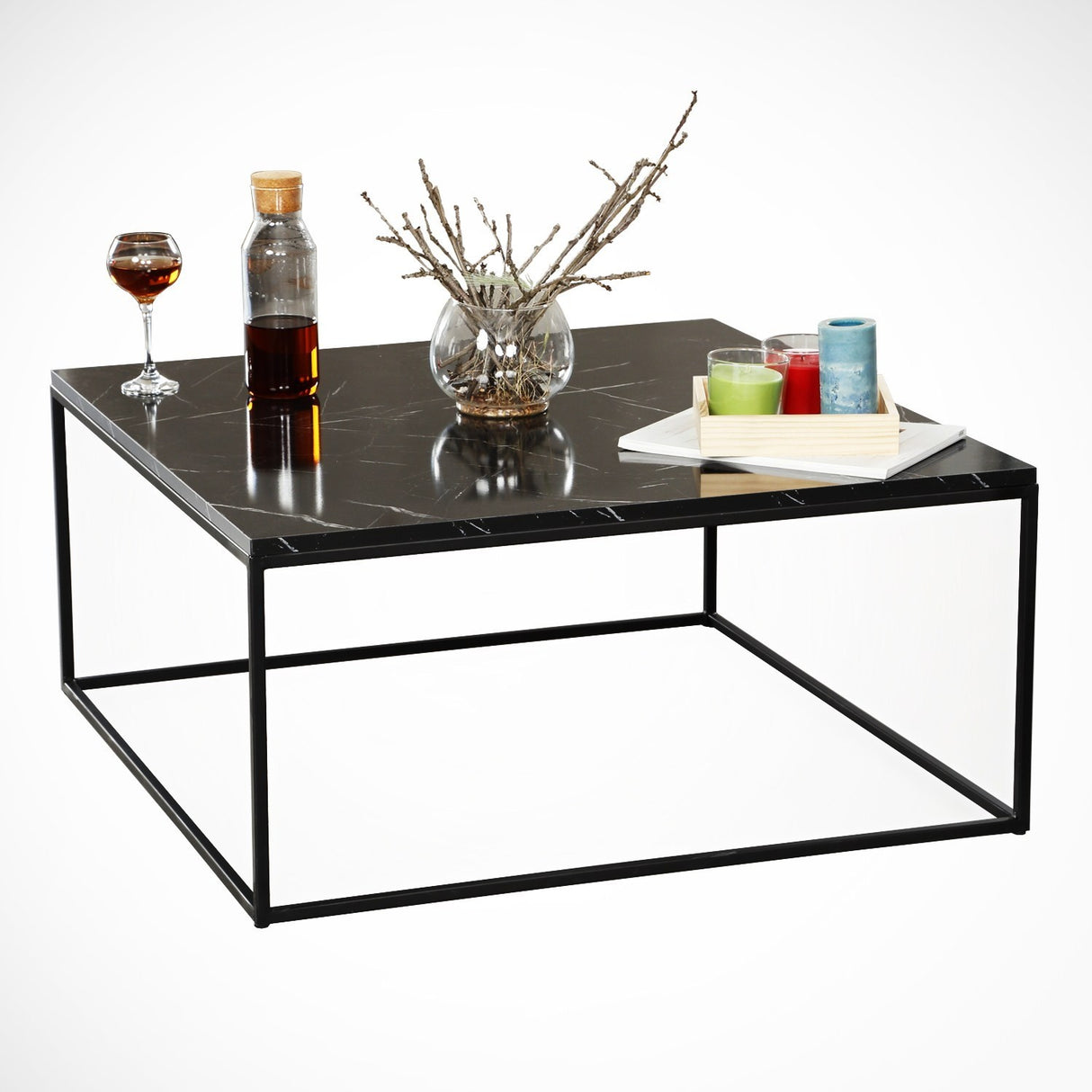 Table basse carrée 75x75 cm Pola - Aspect marbre noir en mélamine 