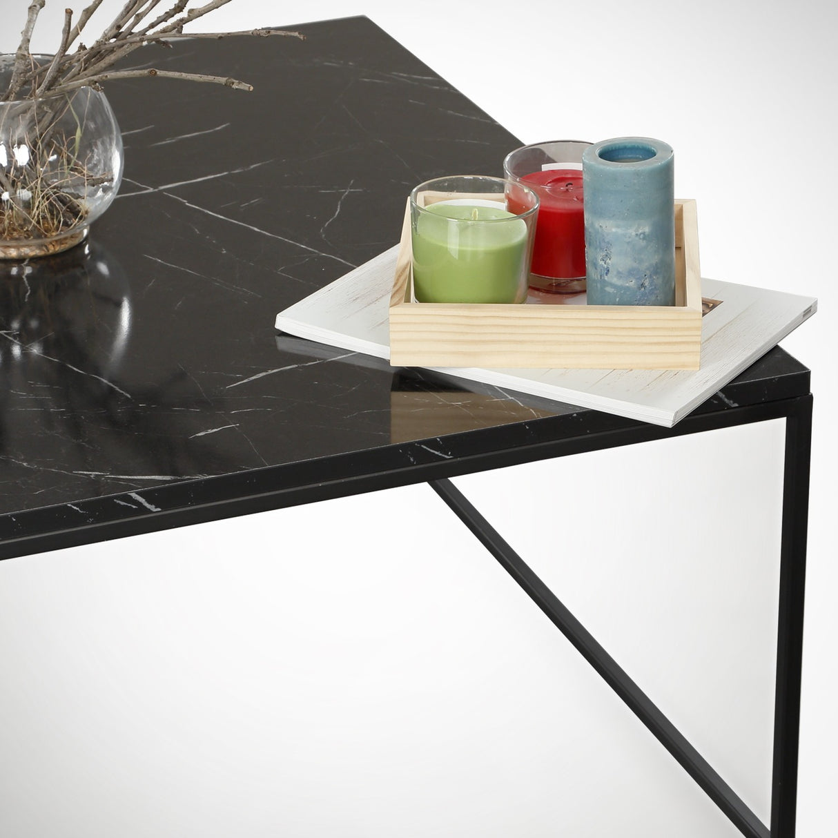 Table basse carrée 75x75 cm Pola - Aspect marbre noir en mélamine 