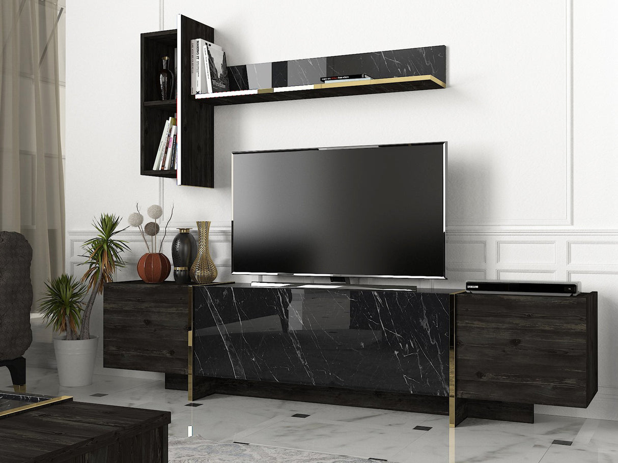 Ensemble de meubles de télévision Veyron Black Gol Mélamine 180x45x32.3 cm