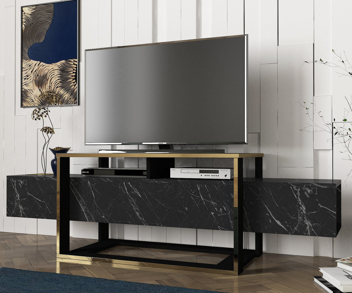 TV Meubel Bianco Zwart Goud Melamine 160x49,8x46,1 cm