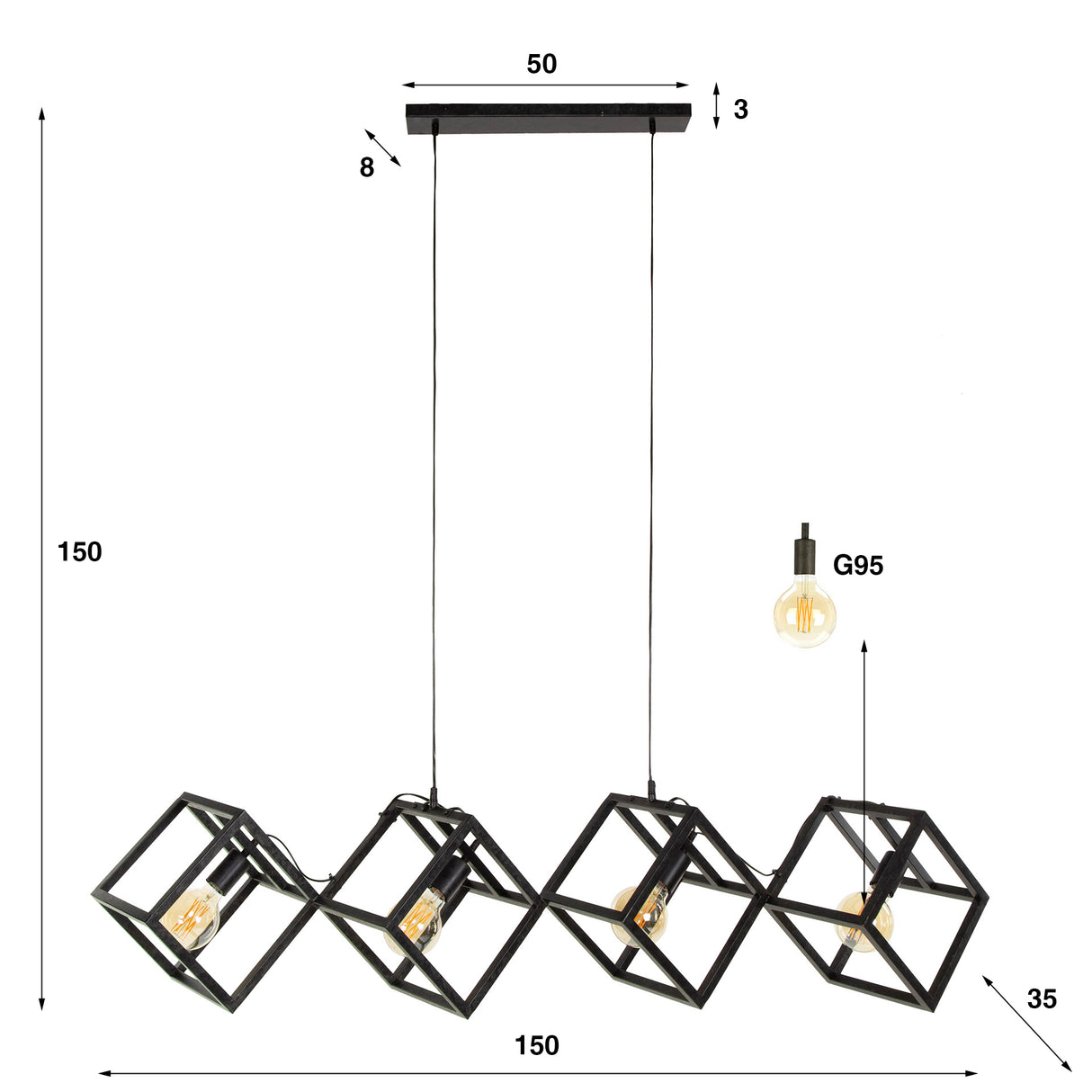 Hanglamp Drew 4-lichts kubus zwart