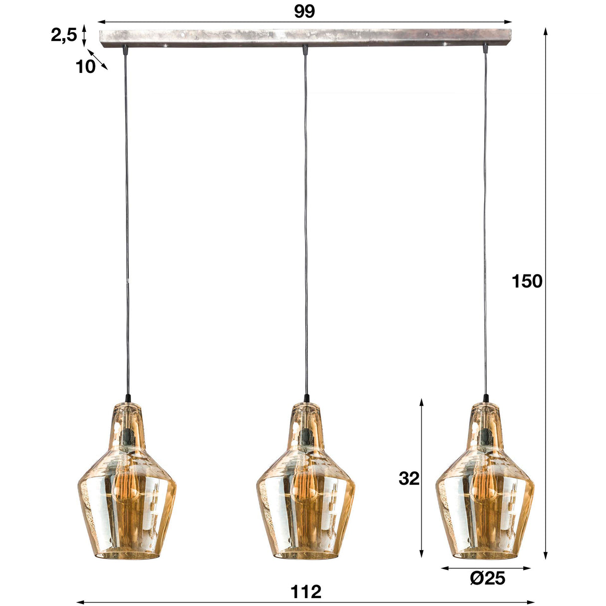 Lampe suspendue industrielle Amber à 3 légers