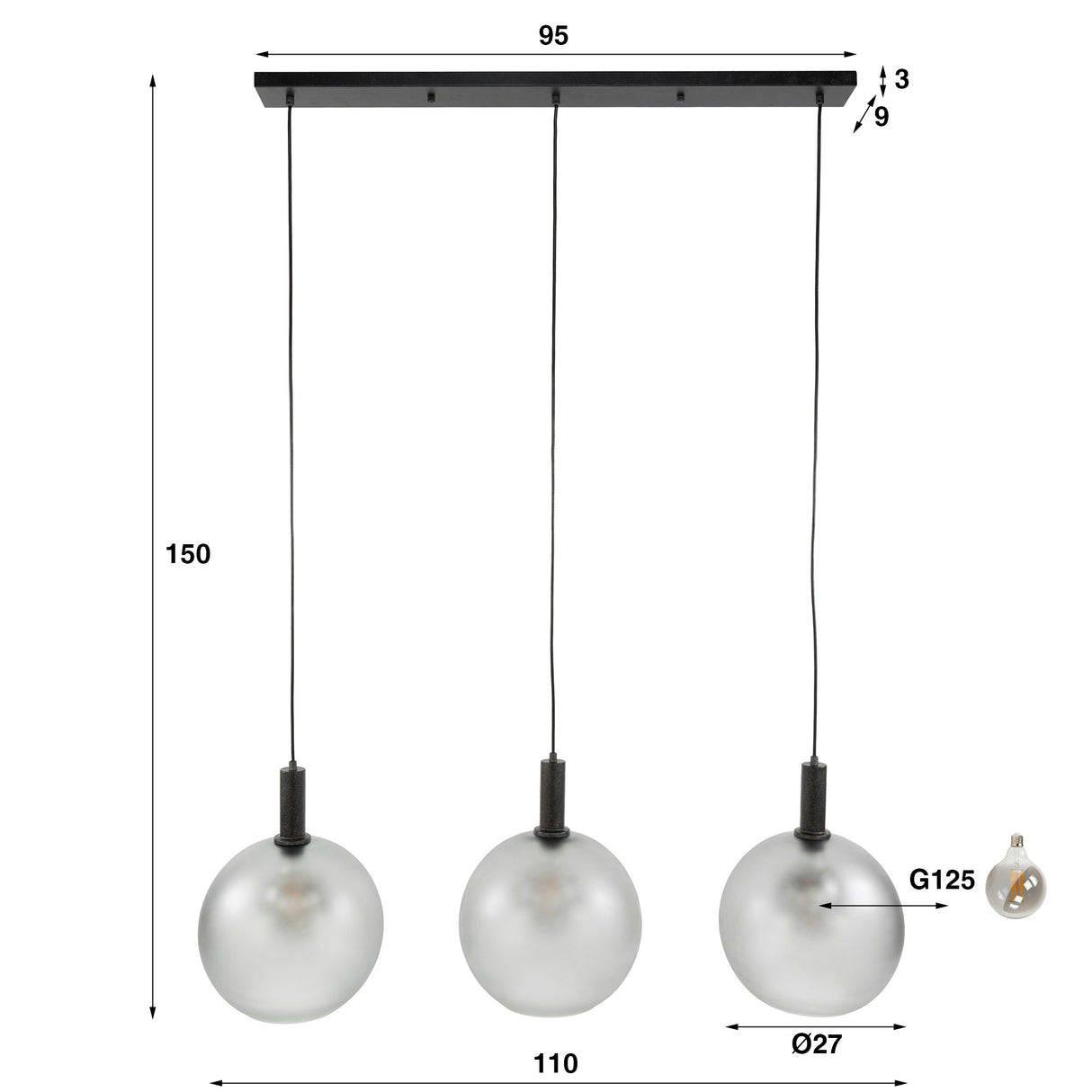 Hanglampen - Hanglamp 3 - lichts gezandstraald glas Voss - Dimehouse