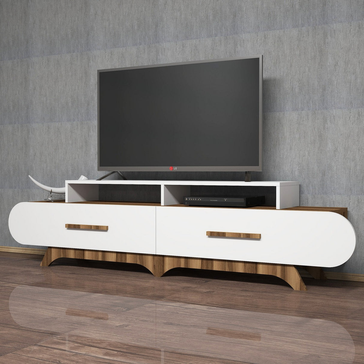 Meubles de télévision Flora Walnut Mélamine blanche 205x50x36,8 cm