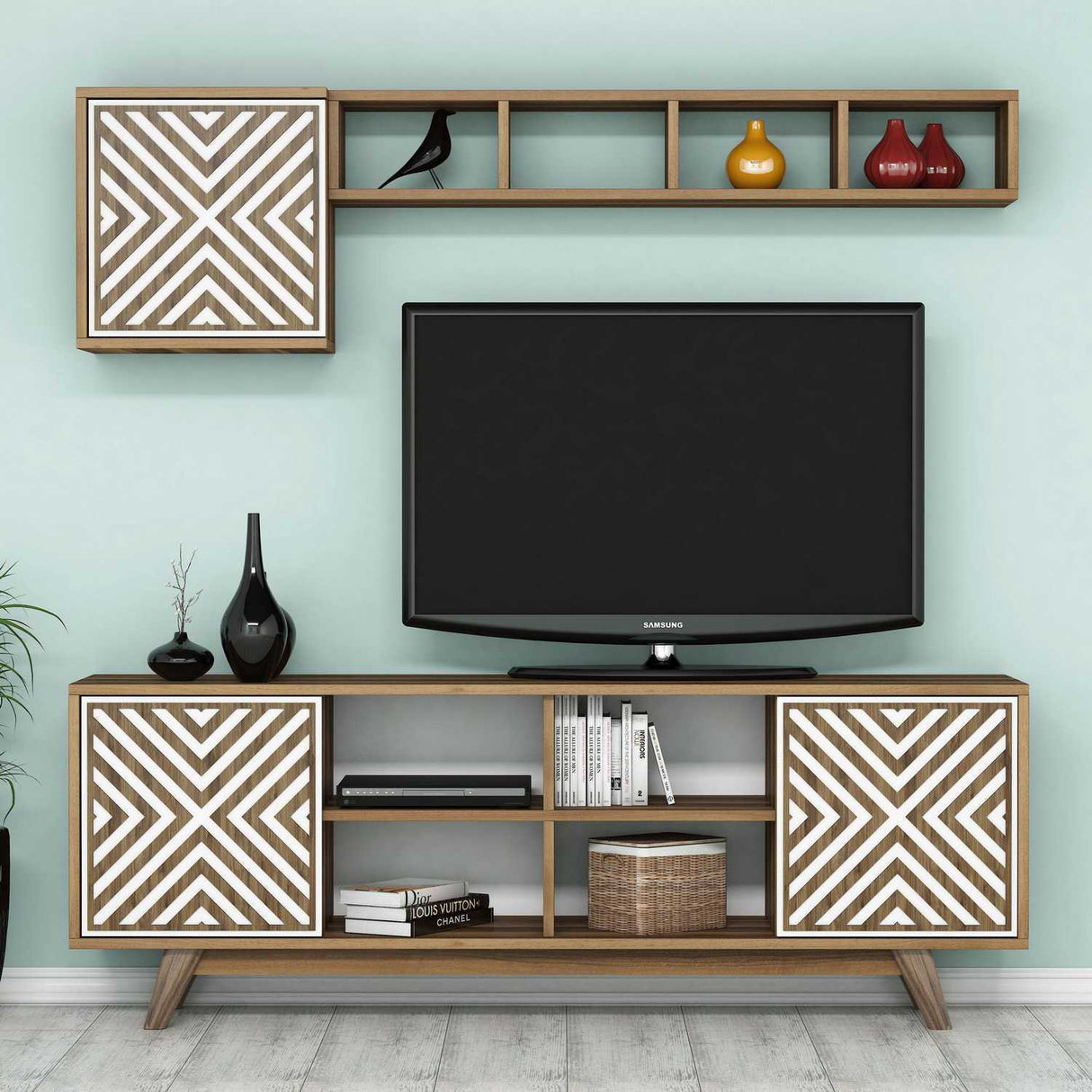 Ensemble de meubles de télévision Inci Walnut Mélamine blanche 160x56.2x35 cm