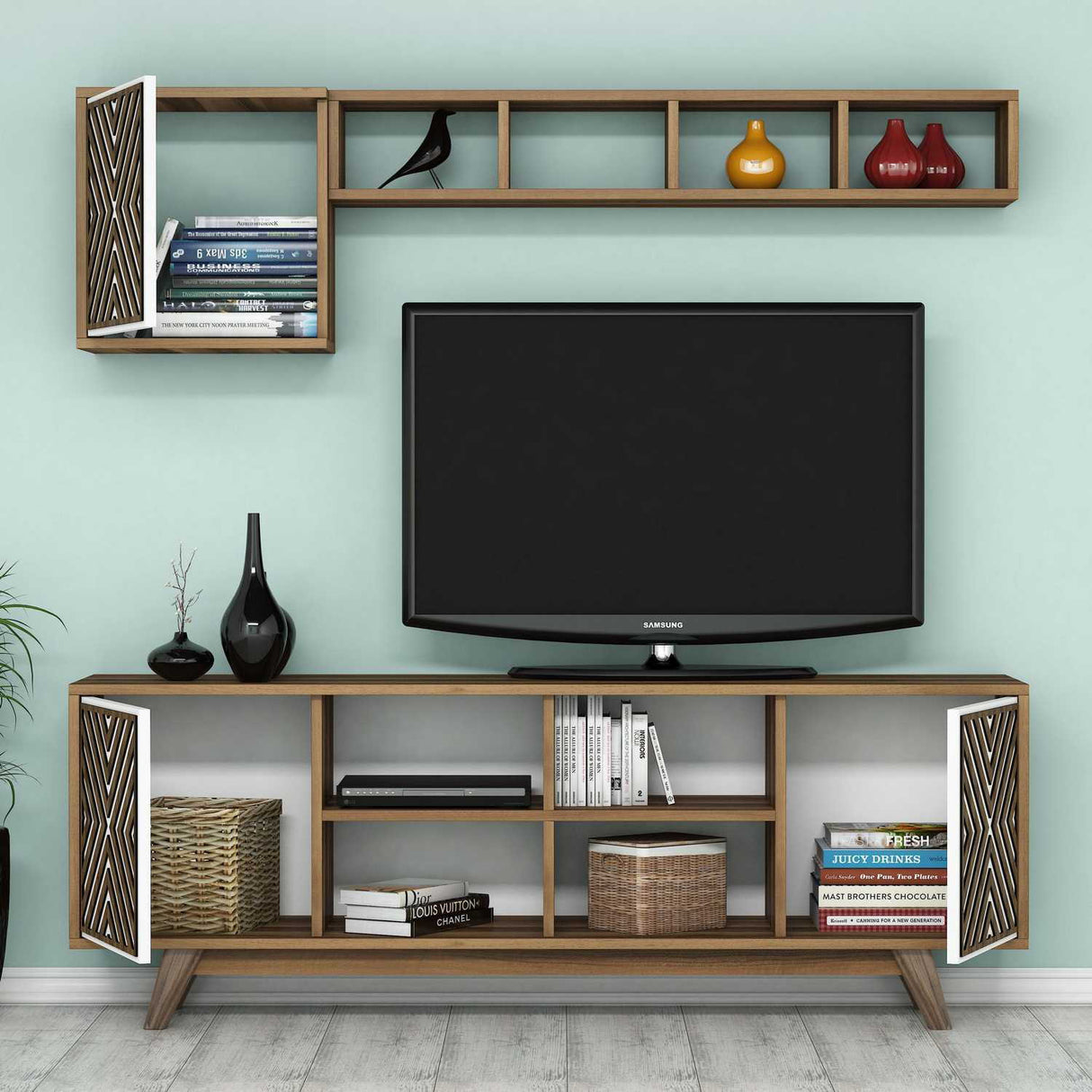 Ensemble de meubles de télévision Inci Walnut Mélamine blanche 160x56.2x35 cm